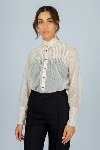 Off White Dotted Sheer Chiffon Classic Shirt