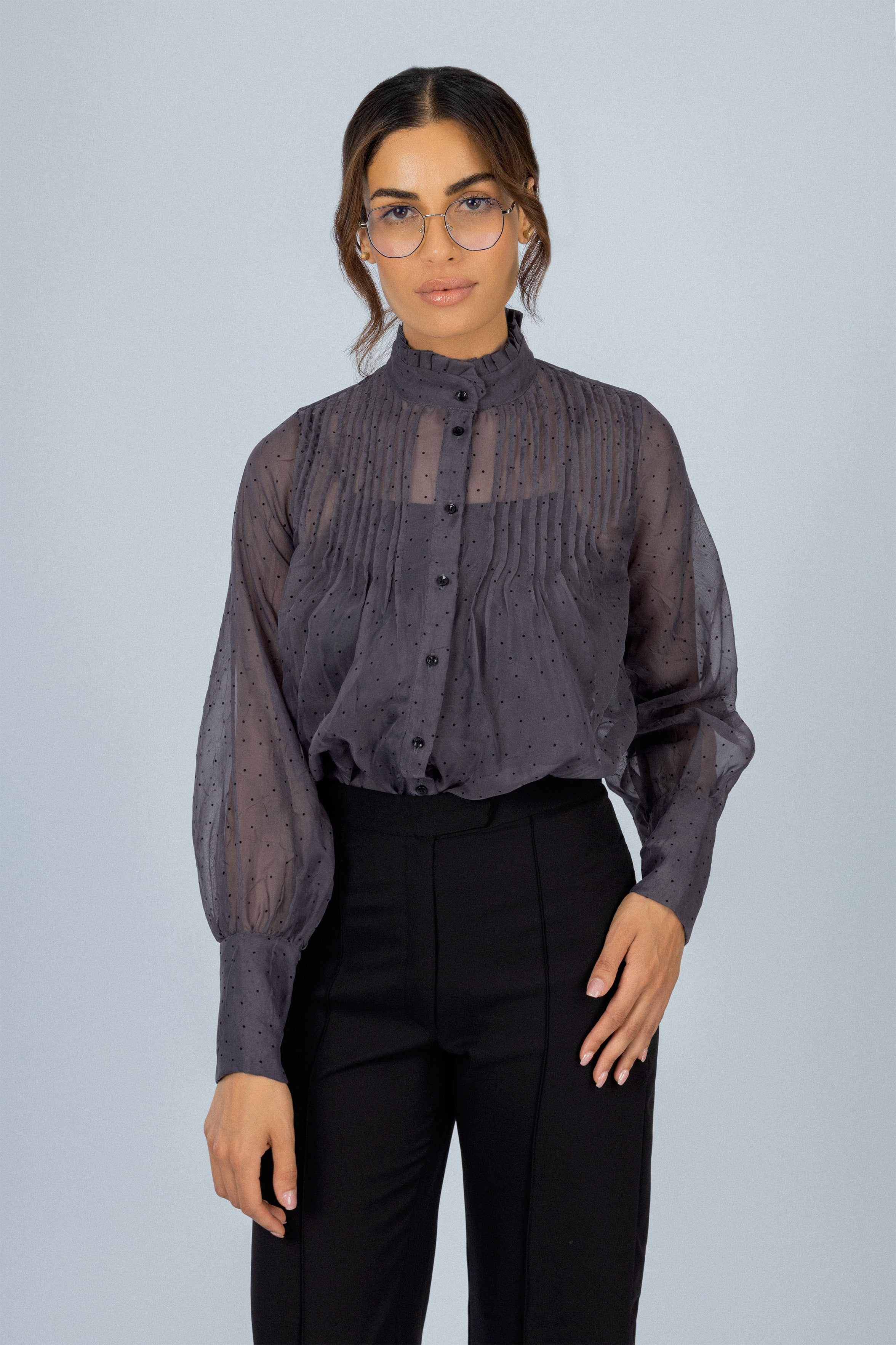 Dark Gray Dotted Sheer Chiffon Classic Shirt