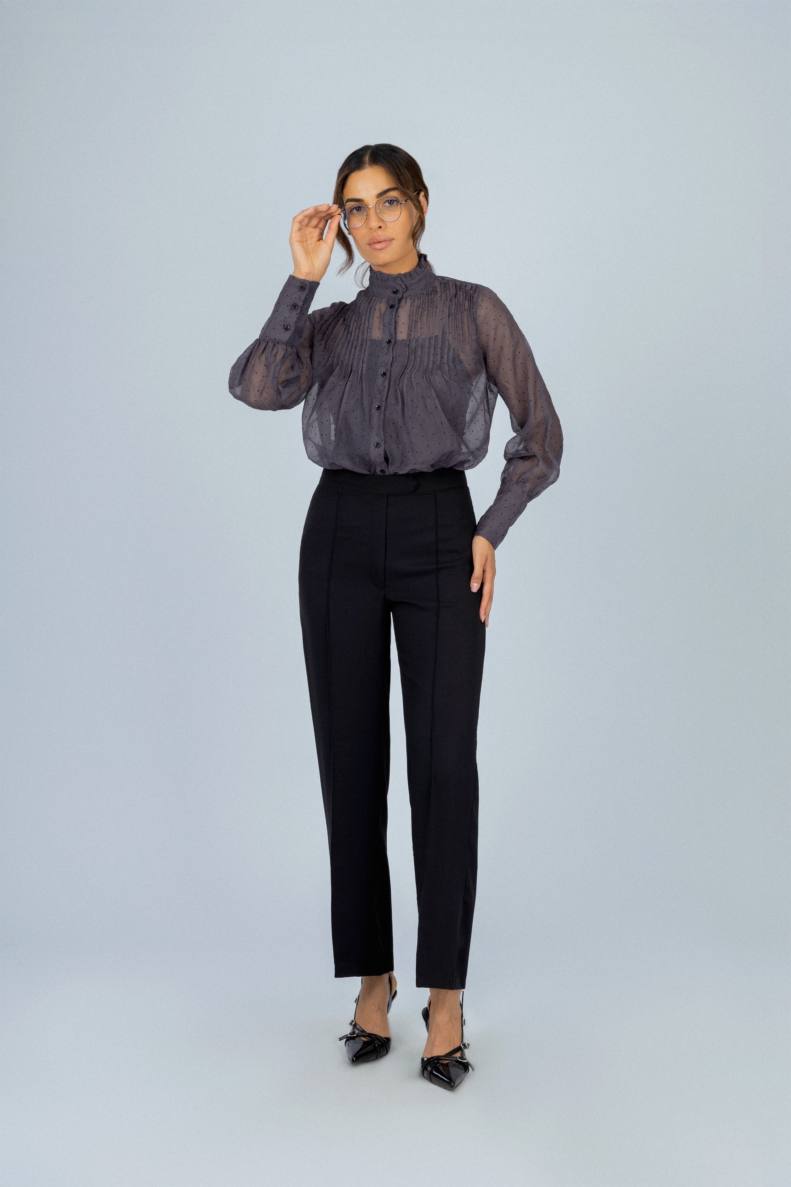 Dark Gray Dotted Sheer Chiffon Classic Shirt