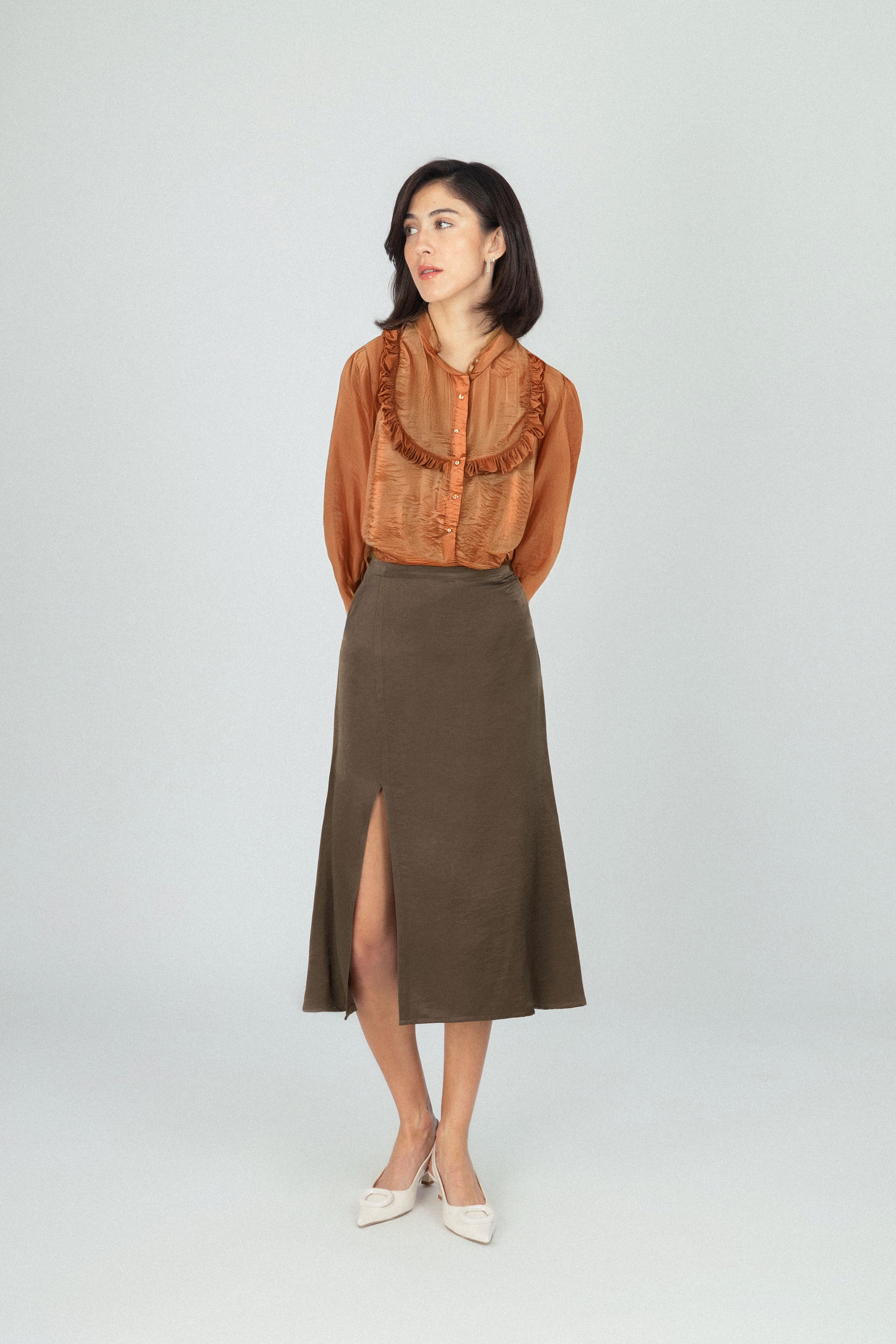 Camel Chiffon High Collar Blouse