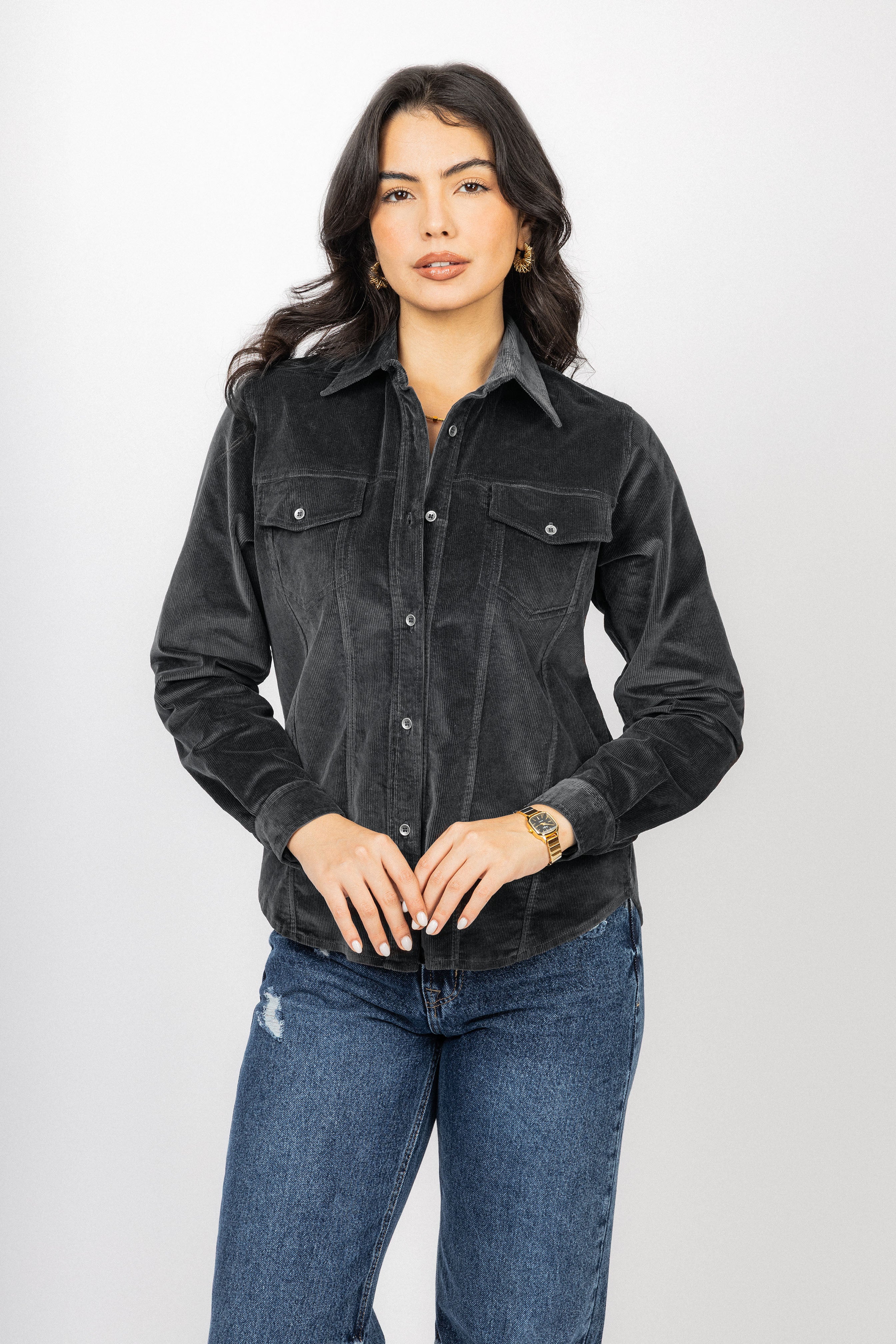 Black Corduroy Velvet Casual Shirt