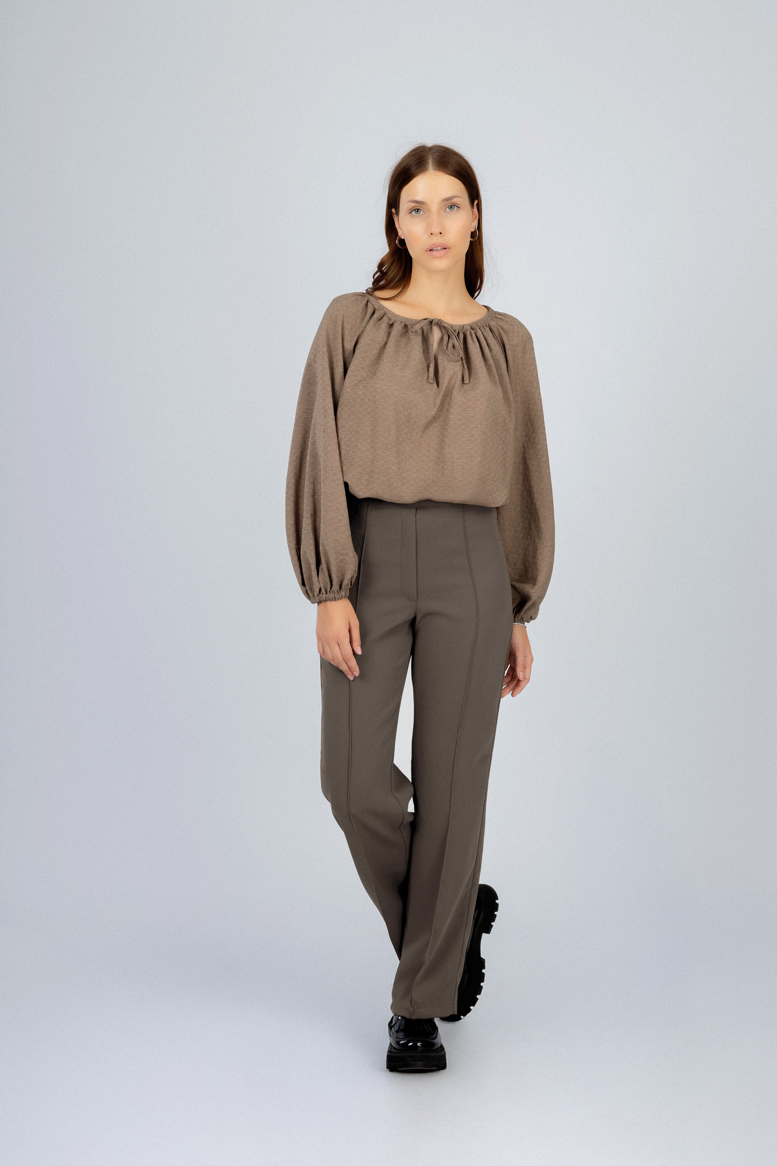Brown Gathered Round Neckline Blouse