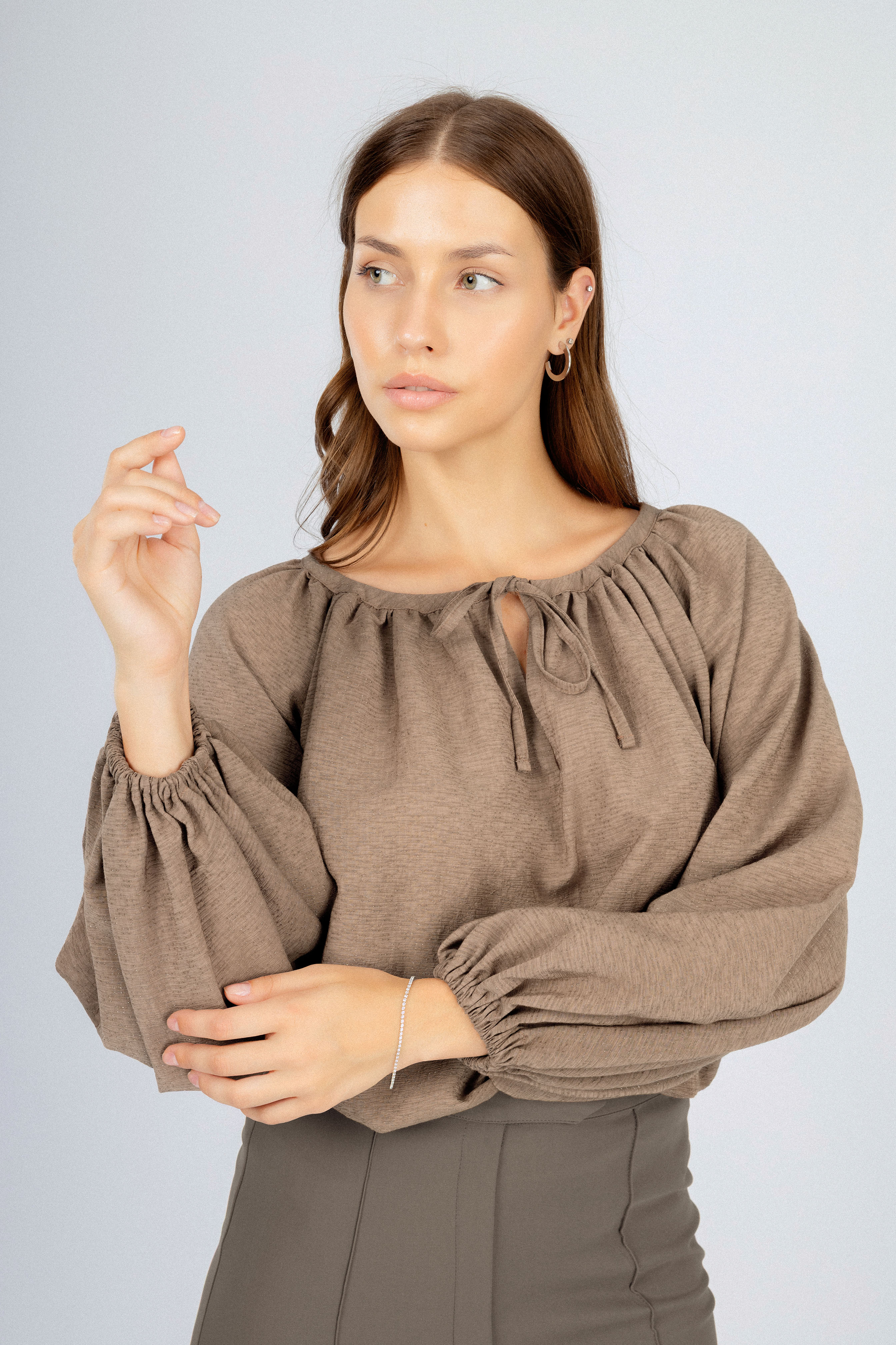 Brown Gathered Round Neckline Blouse