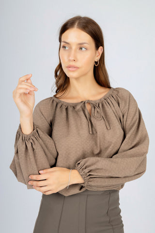 Brown Gathered Round Neckline Blouse