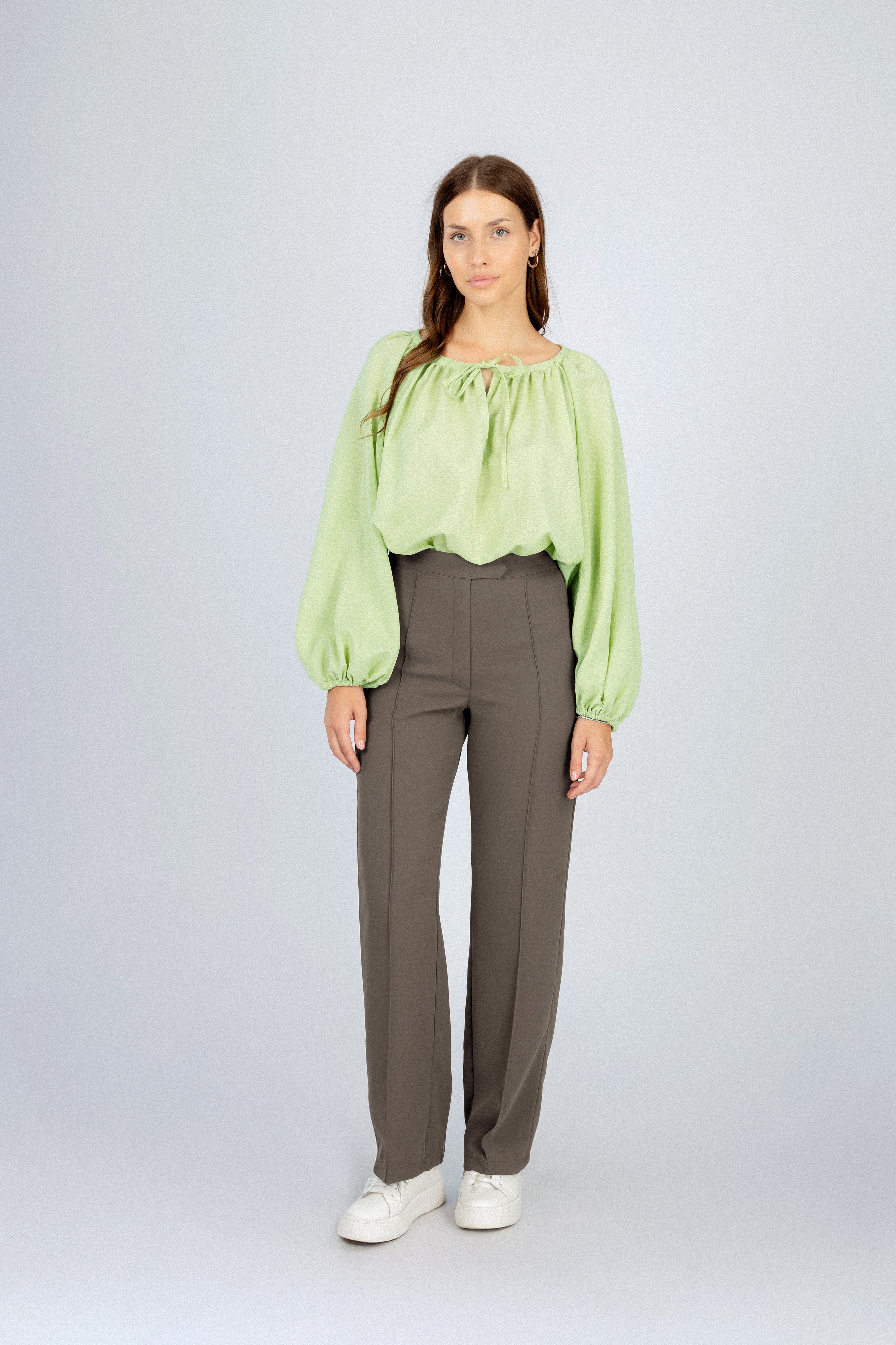Tea Green Gathered Round Neckline Blouse