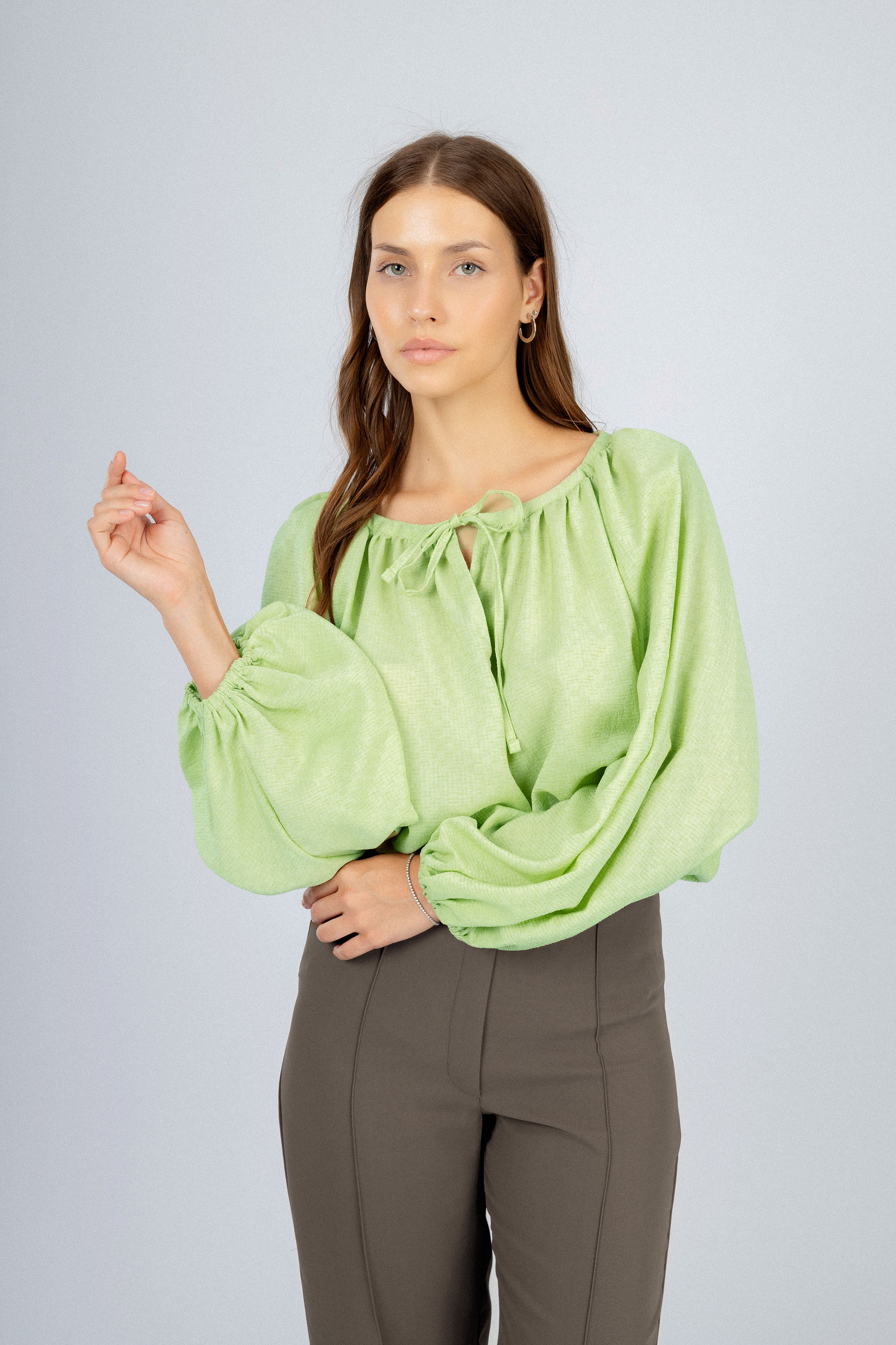 Tea Green Gathered Round Neckline Blouse