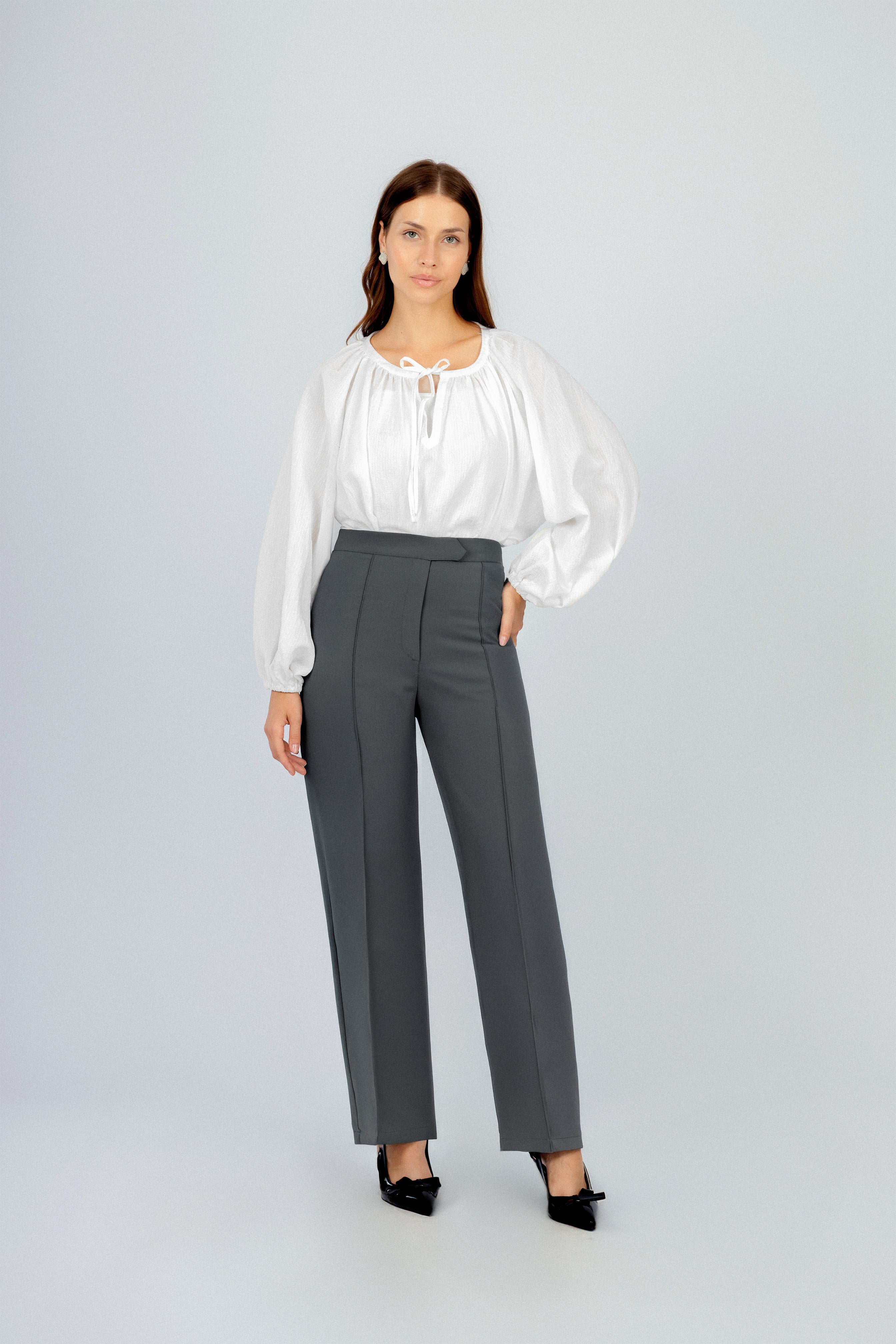 White Round Gathered Neckline Blouse
