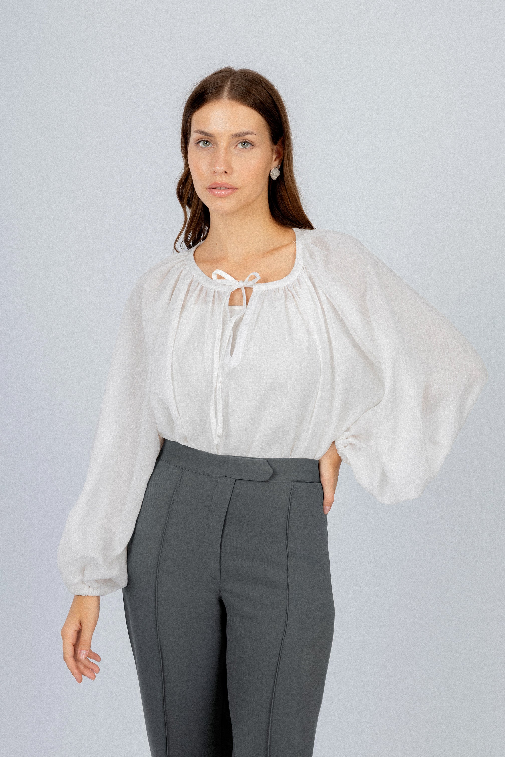 White Round Gathered Neckline Blouse