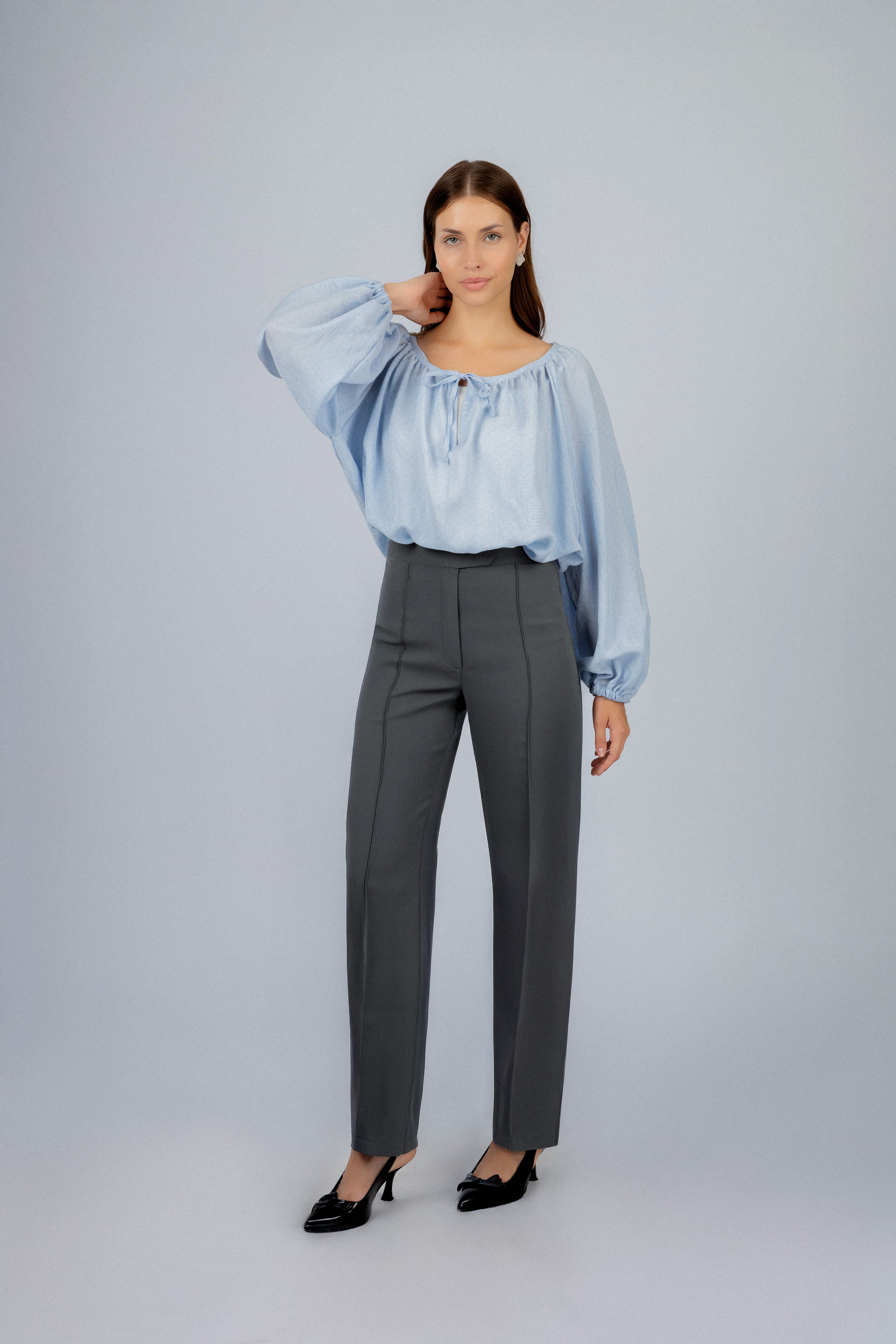 Light Blue Round Gathered Neckline Blouse
