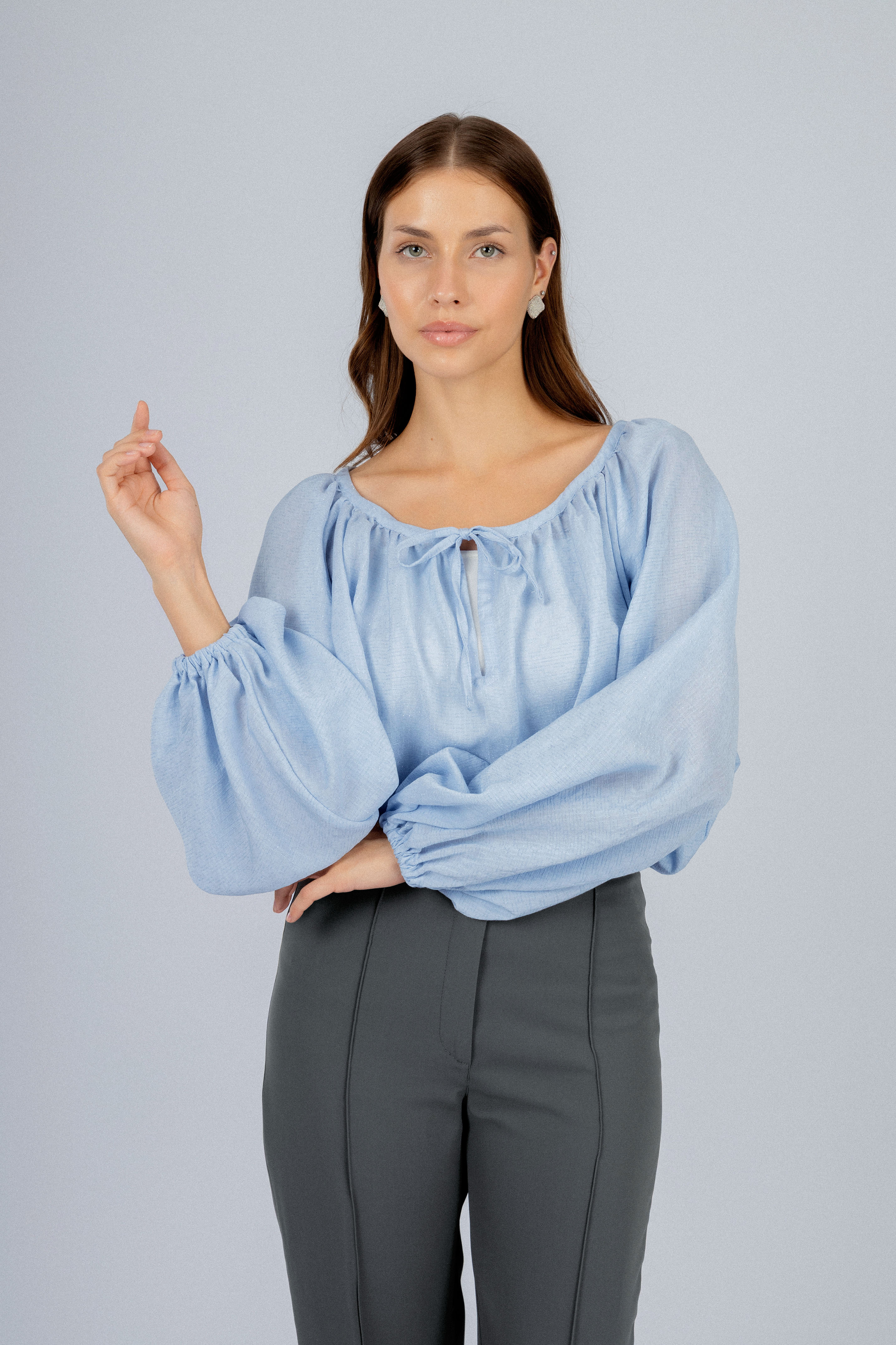 Light Blue Round Gathered Neckline Blouse