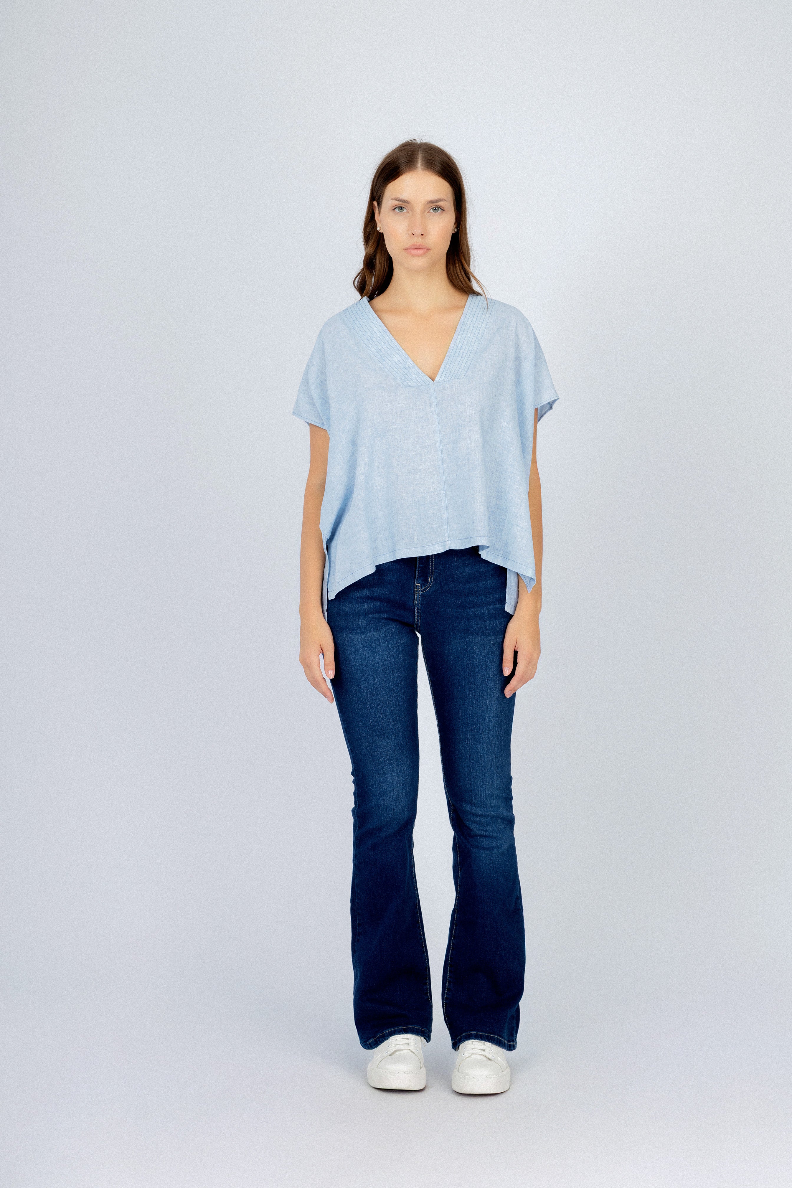 Light Blue Linen Blend Short-Sleeve Blouse