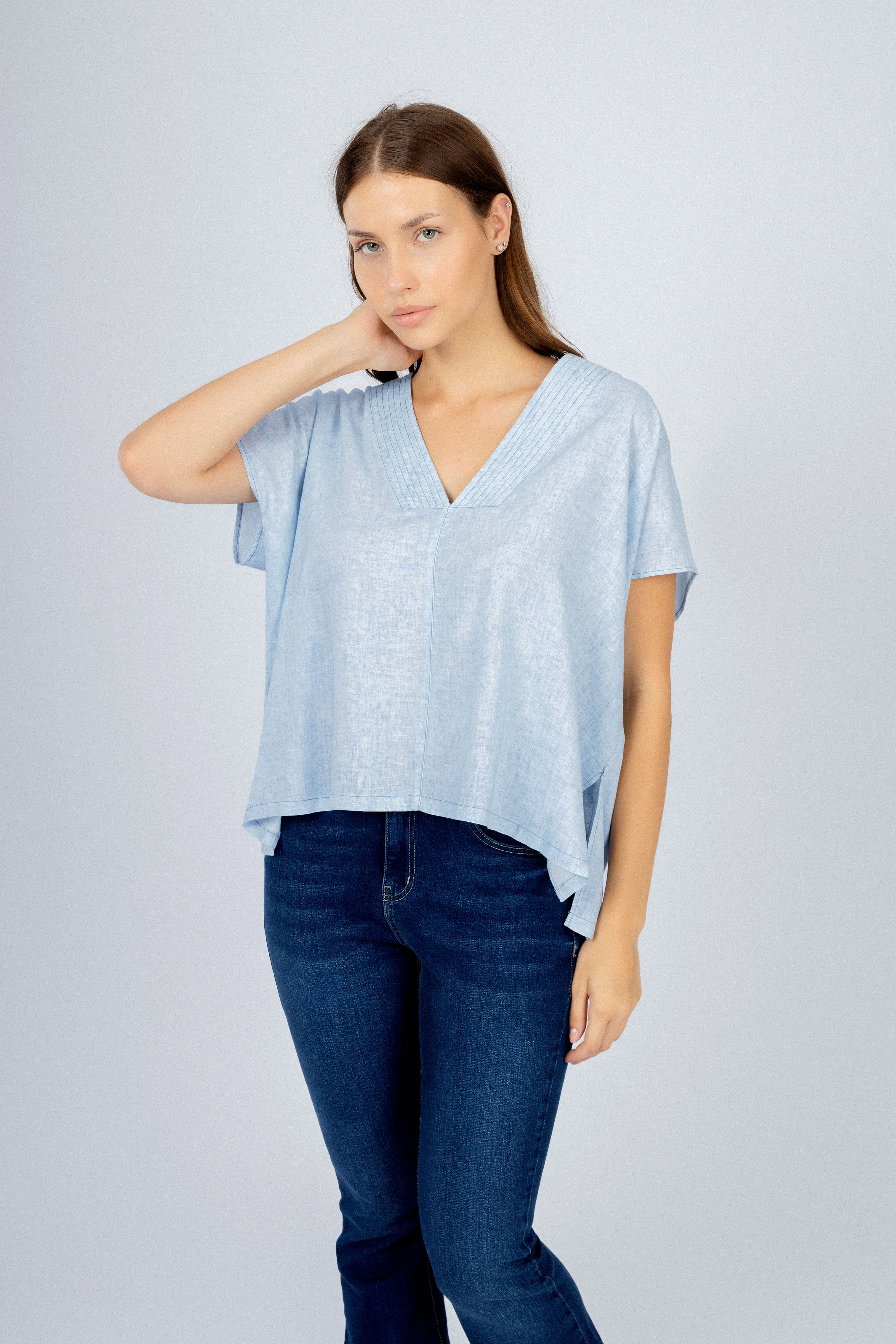 Light Blue Linen Blend Short-Sleeve Blouse