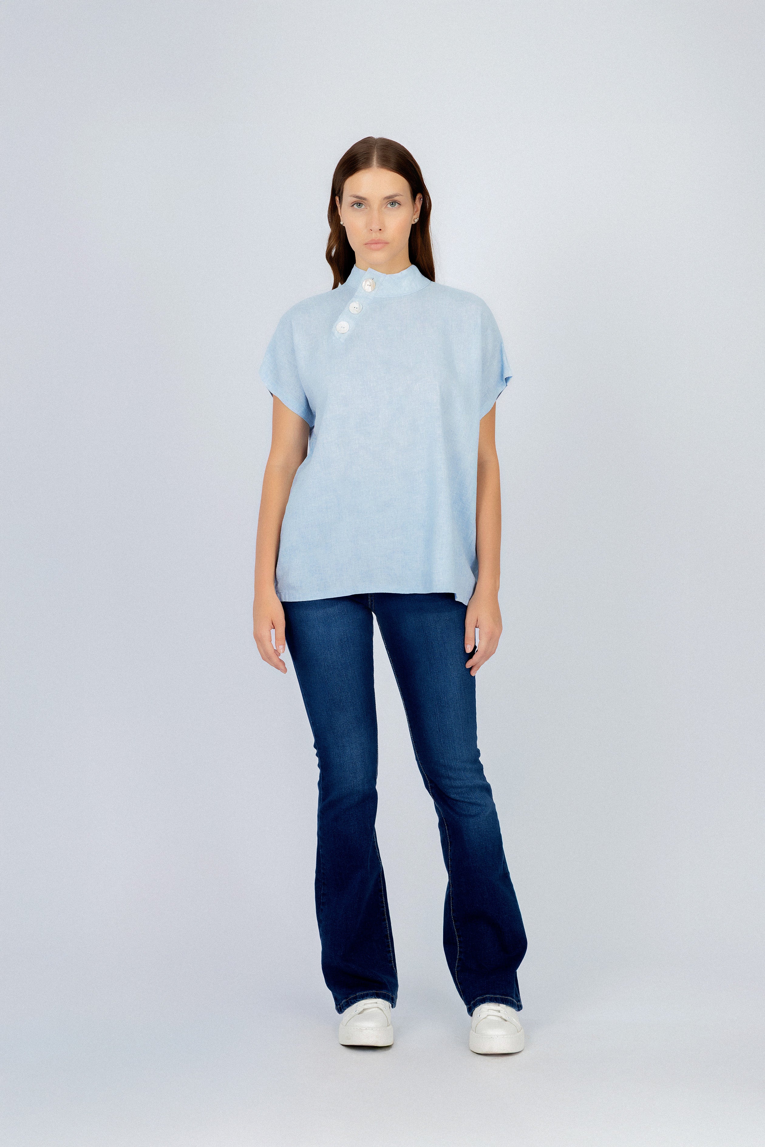 Light Blue Linen Blend Short Sleeves Blouse