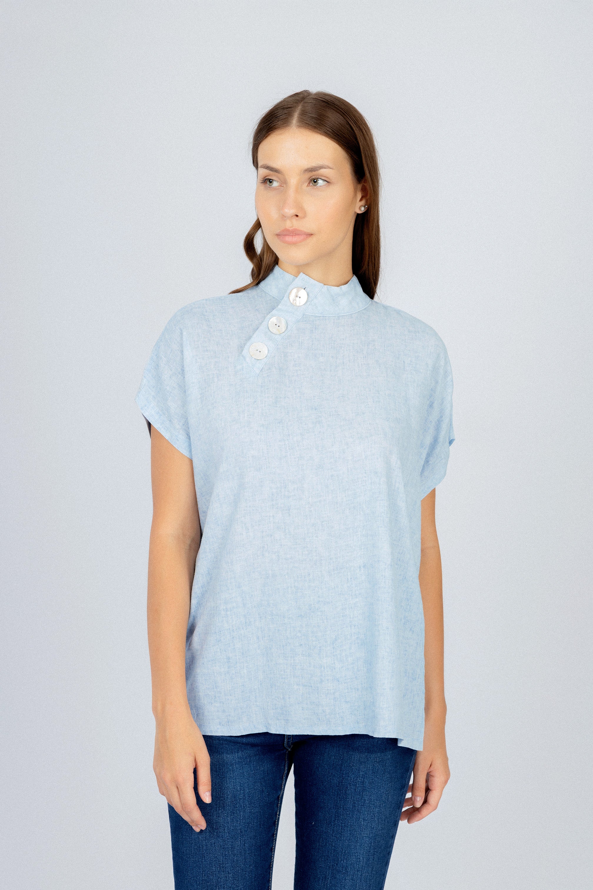 Light Blue Linen Blend Short Sleeves Blouse
