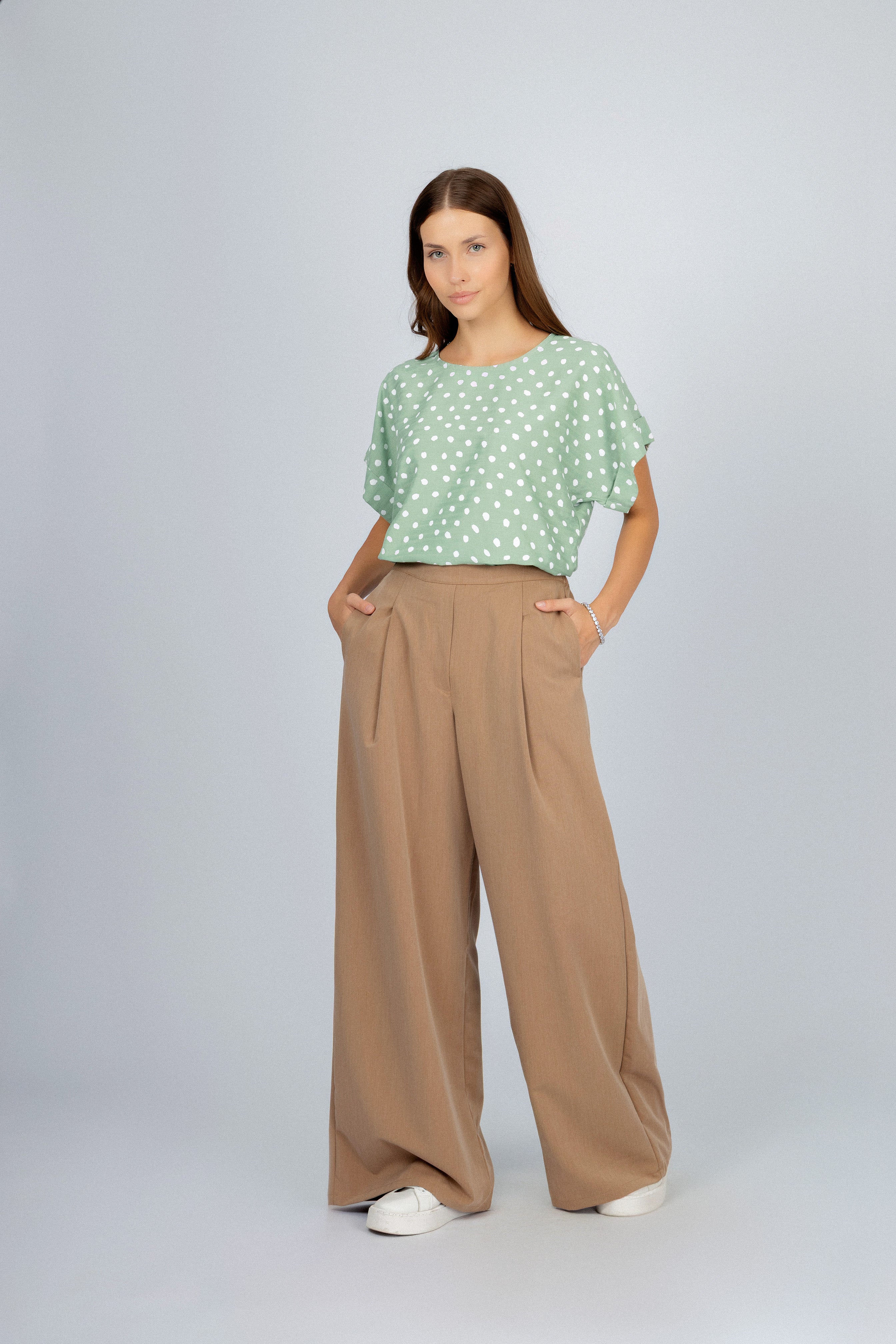 Pistachio Round Neck Dotted Blouse