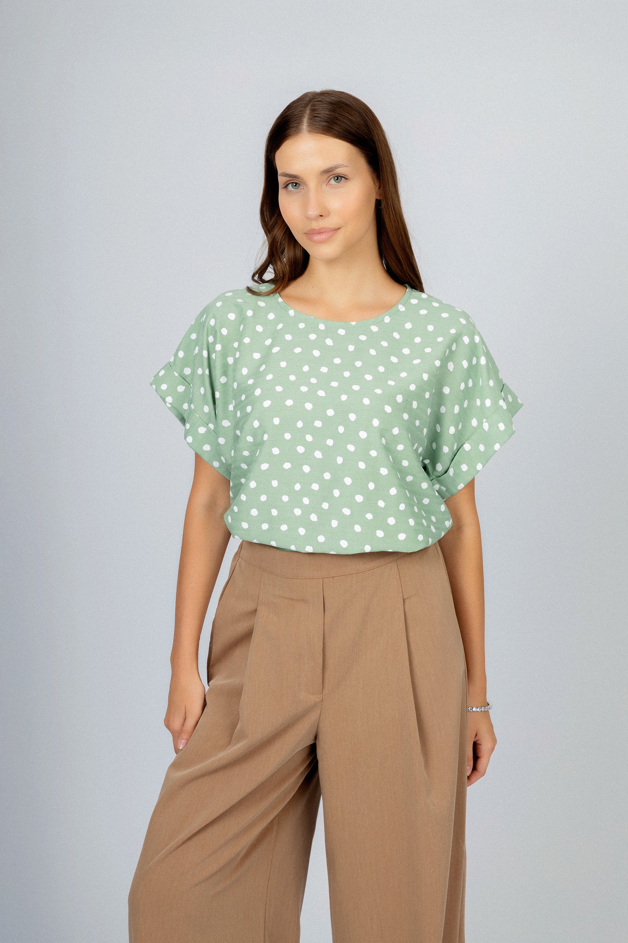 Pistachio Round Neck Dotted Blouse