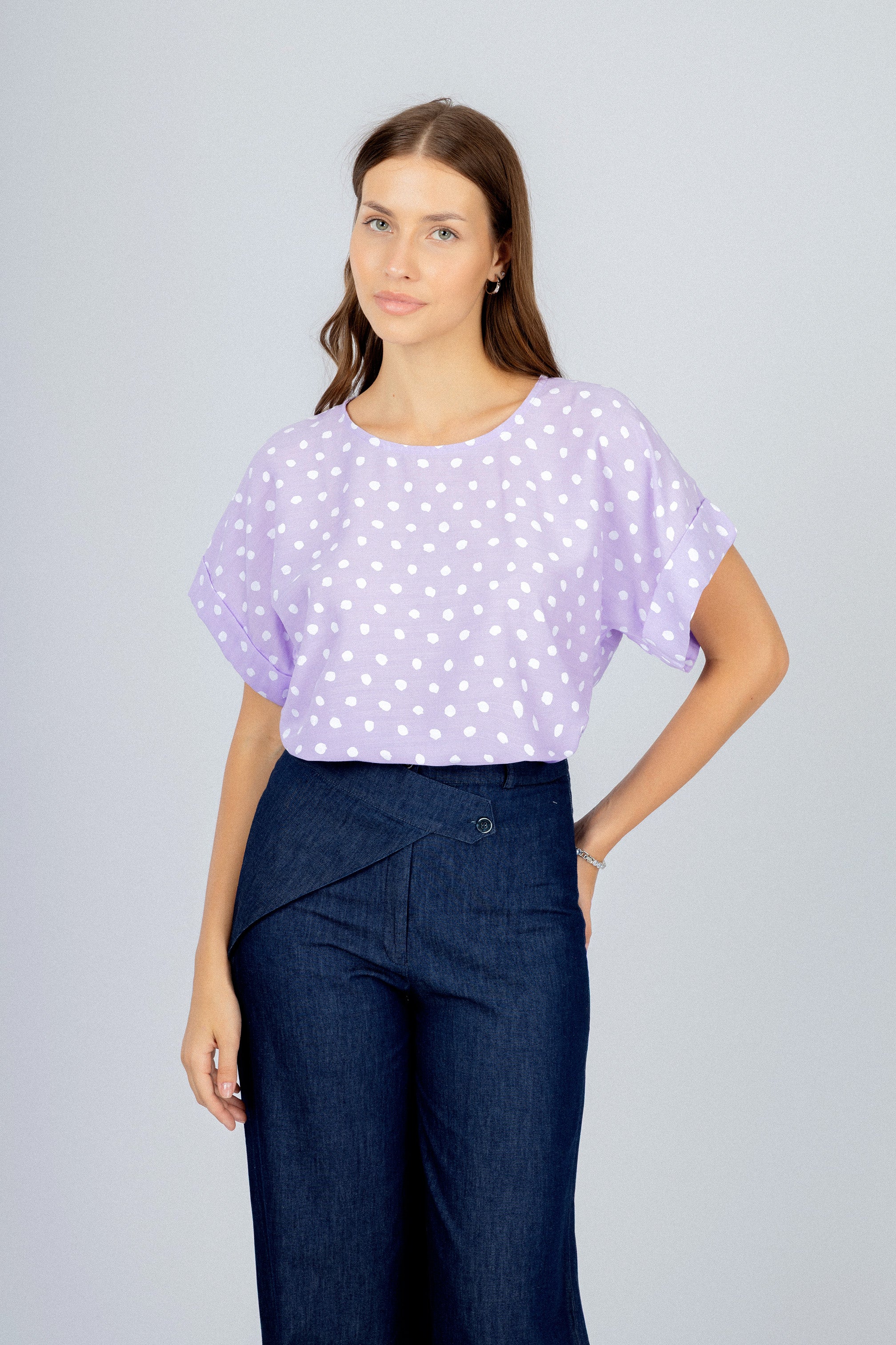 Light Purple Round Neck Dotted Blouse