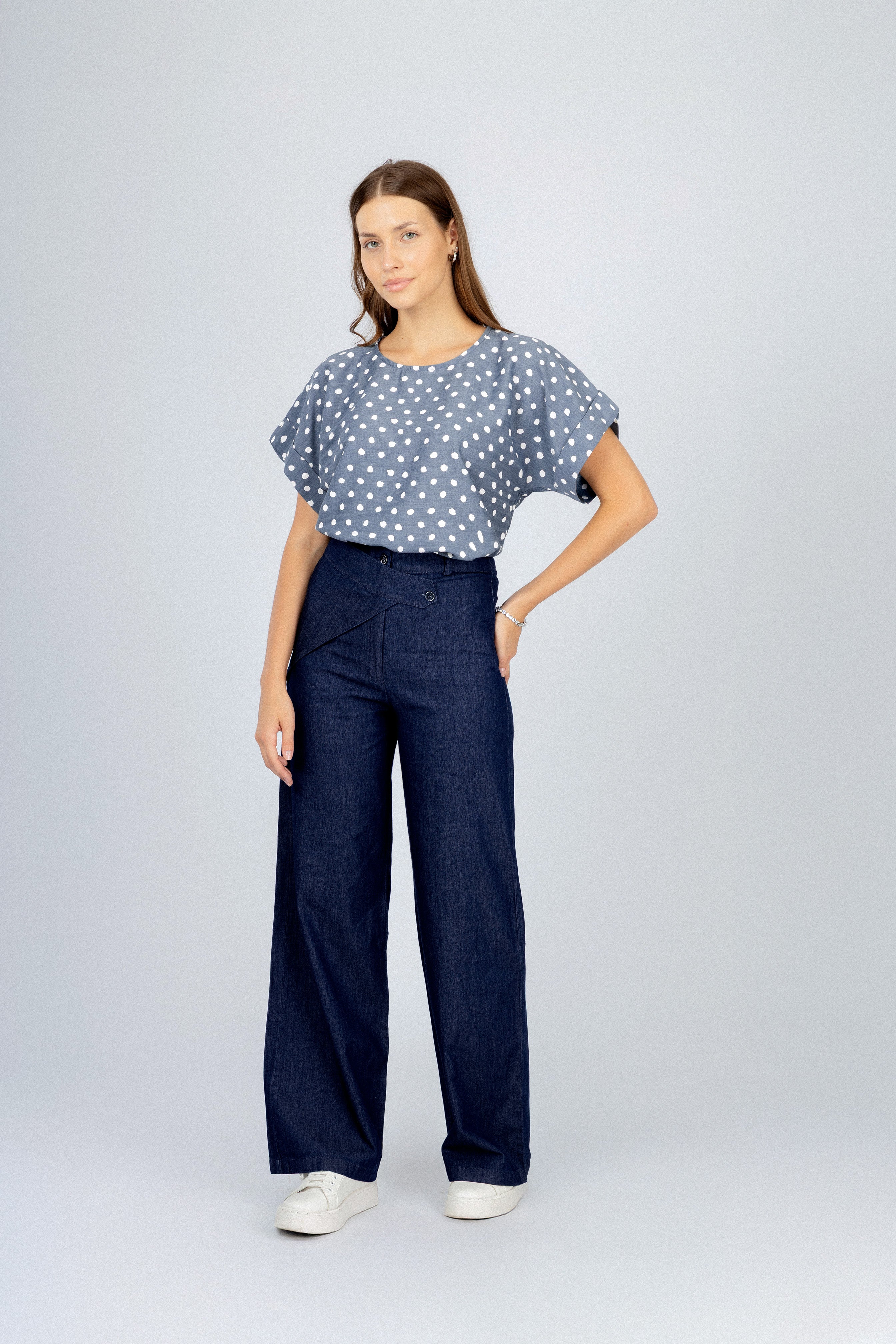 Gray Round Neck Dotted Blouse