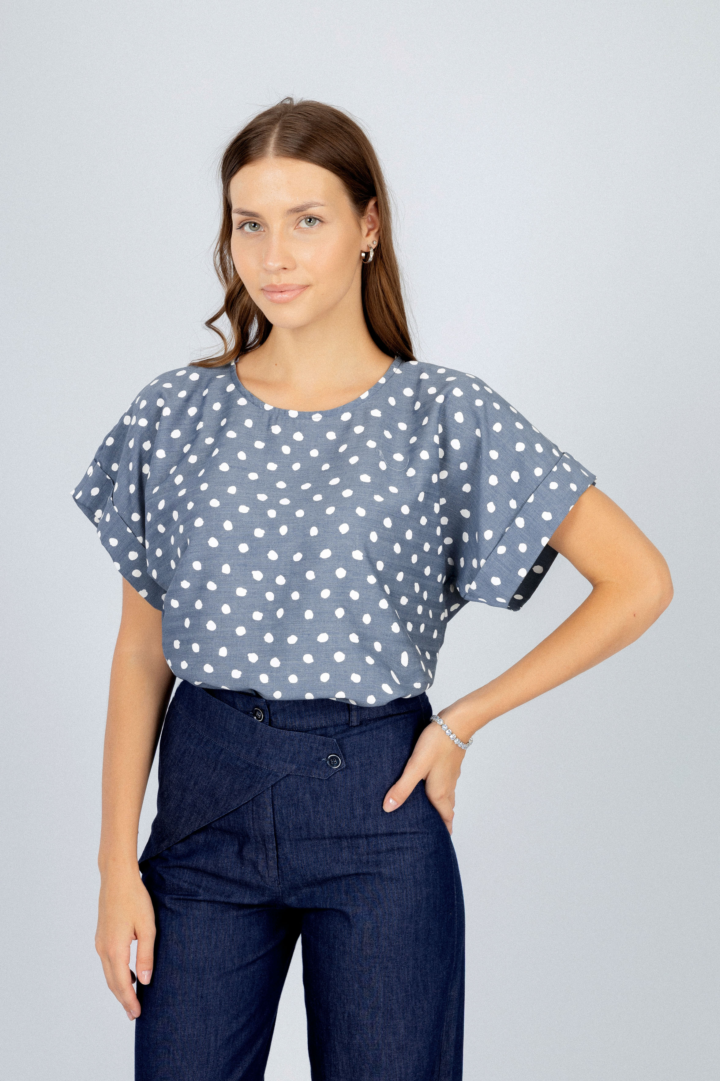 Gray Round Neck Dotted Blouse
