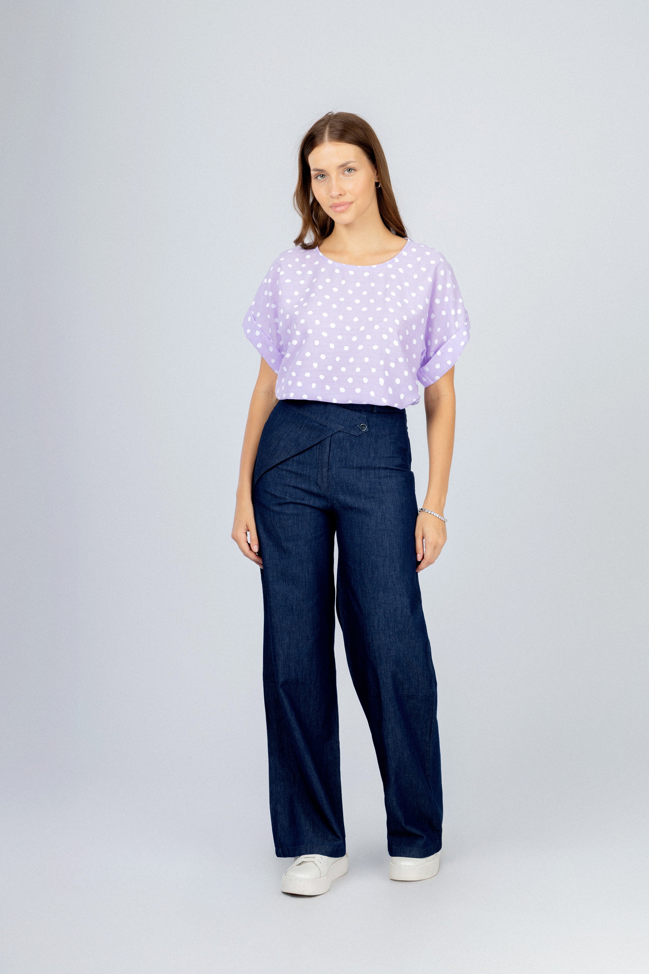 Light Purple Round Neck Dotted Blouse
