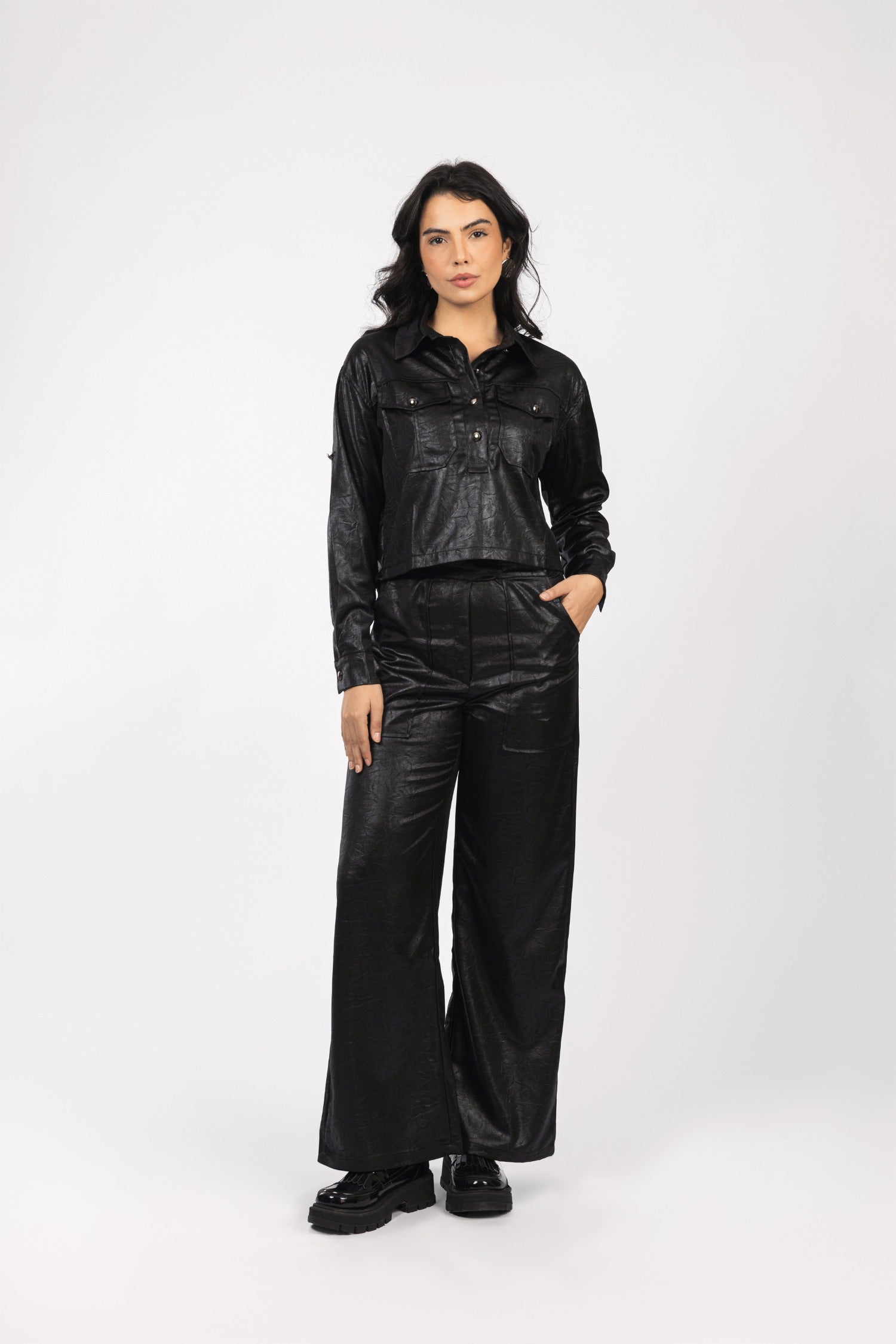 Black Leather Feel Casual Set