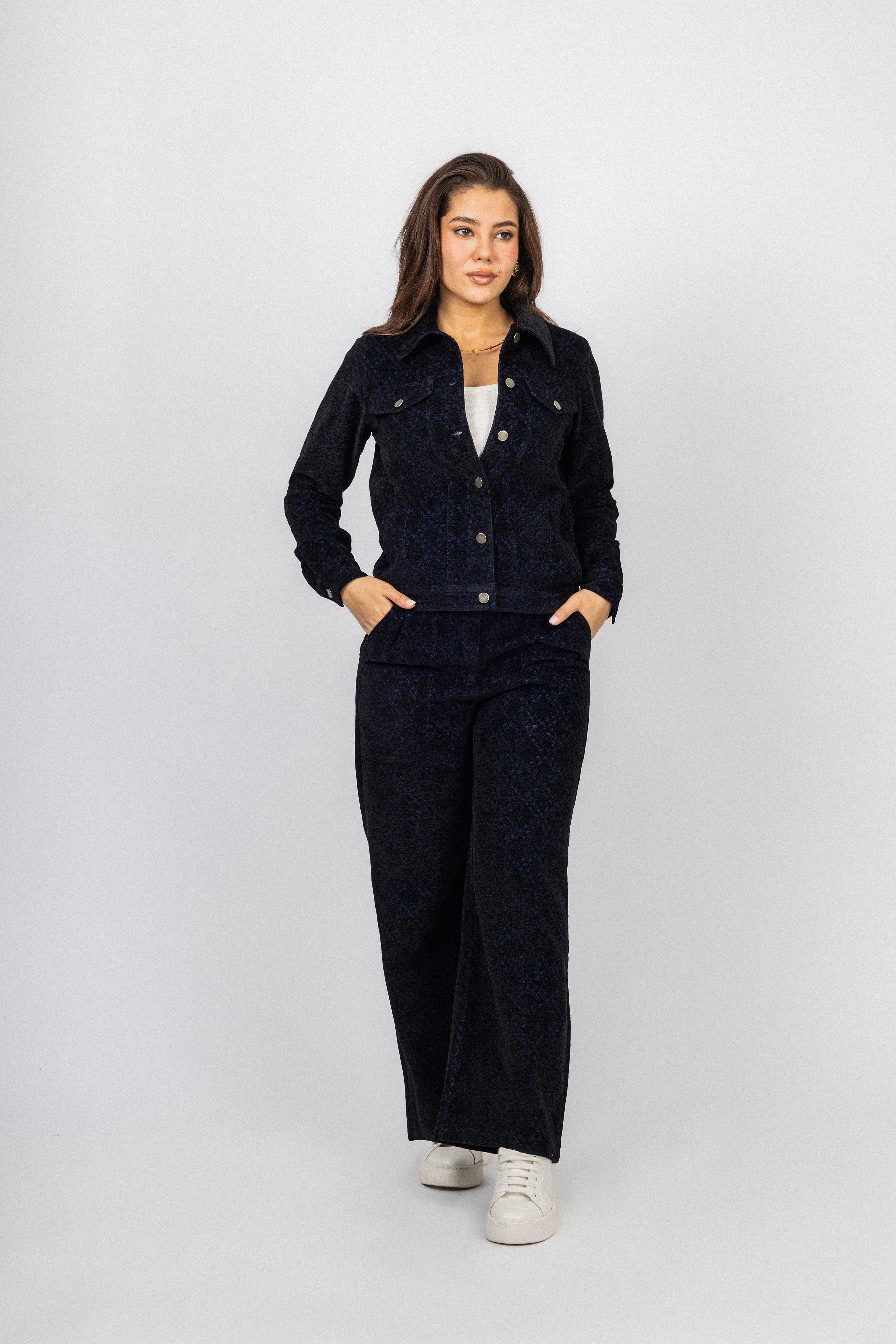 Dark Blue Jeans jacquard Casual Set