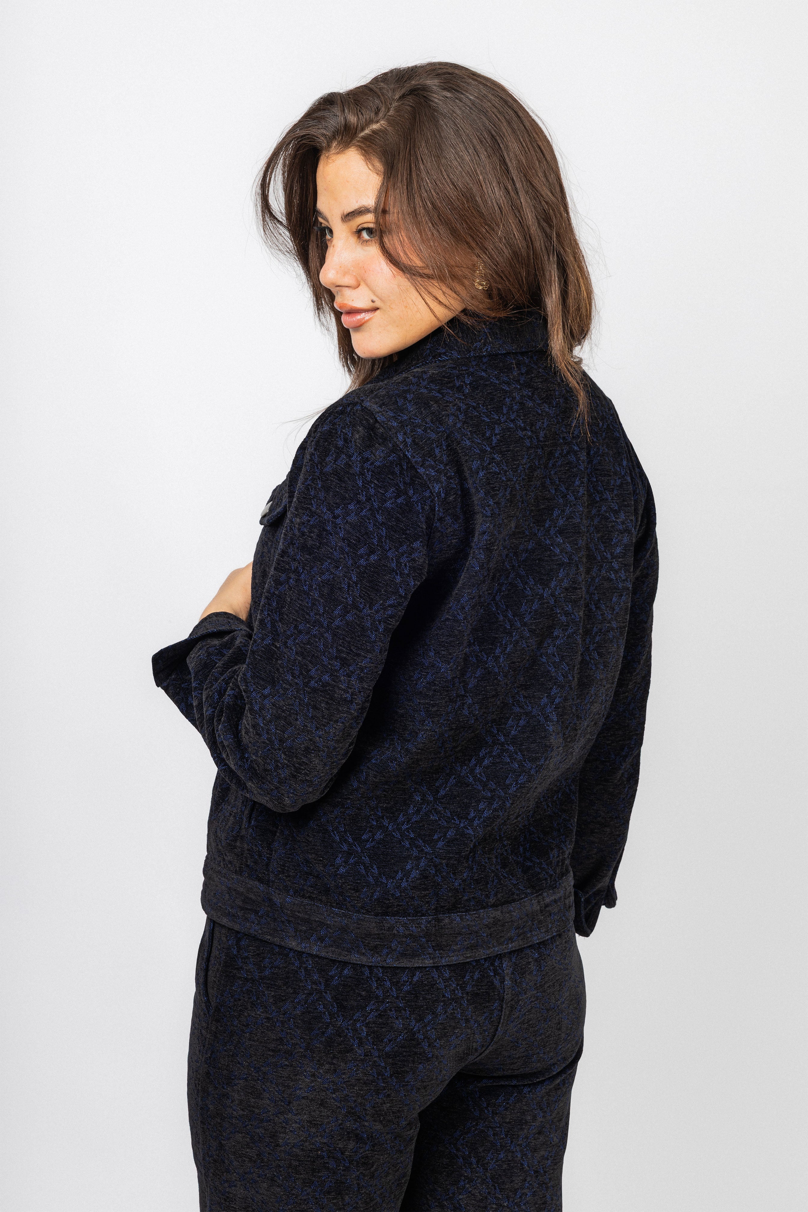 Dark Blue Jeans jacquard Casual Set