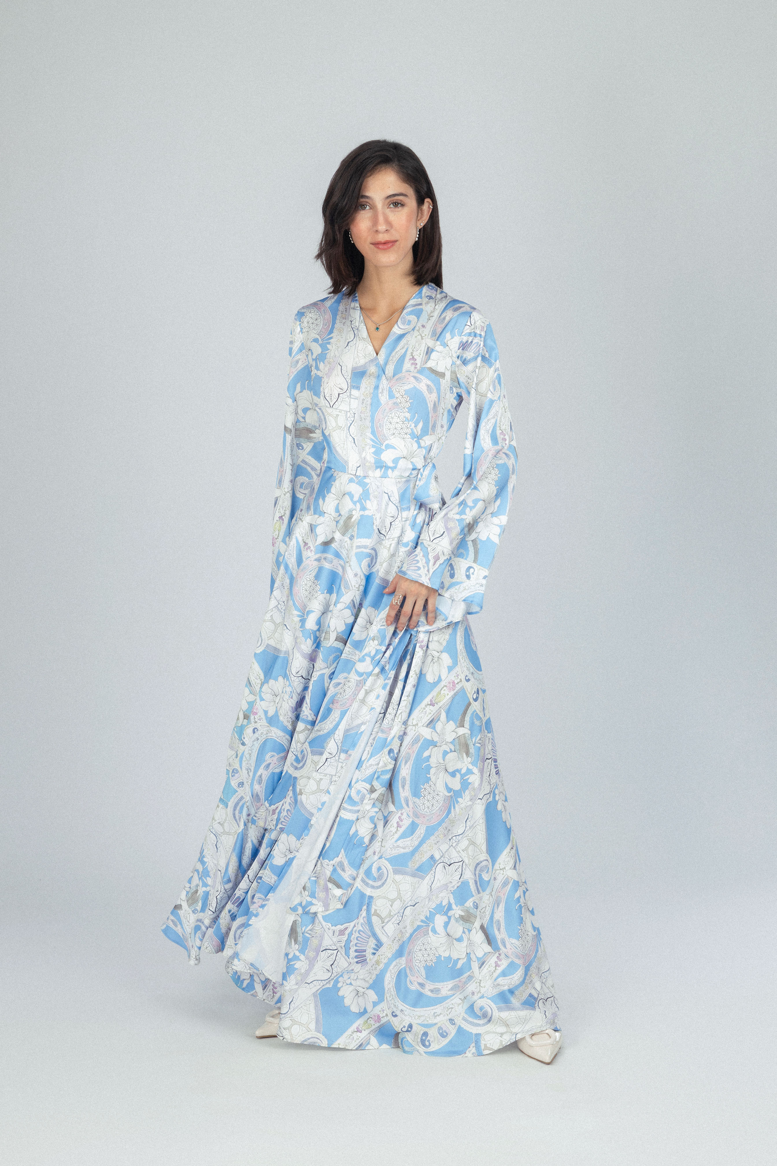Flowered Blue Satin Casual Long Dress