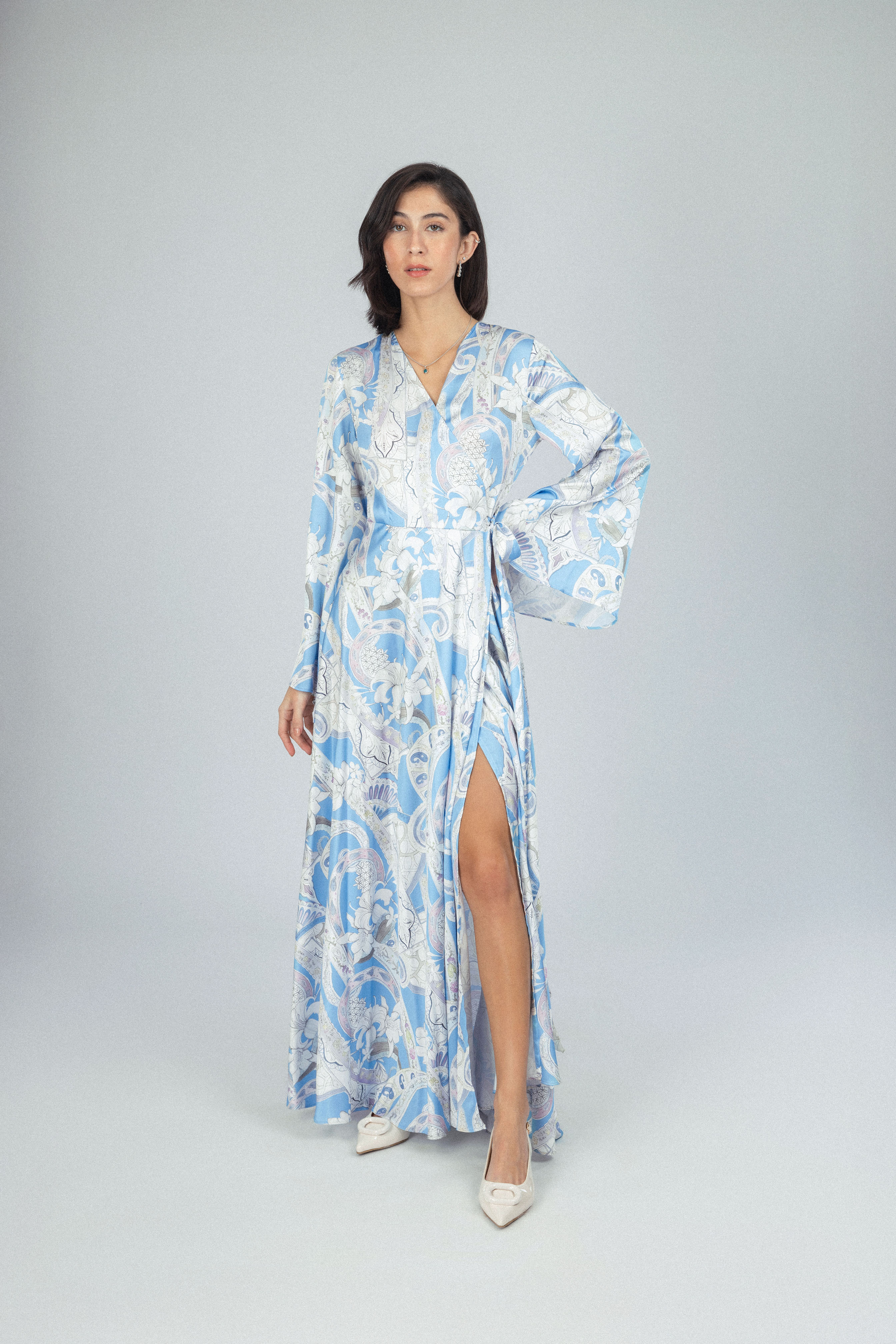 Flowered Blue Satin Casual Long Dress