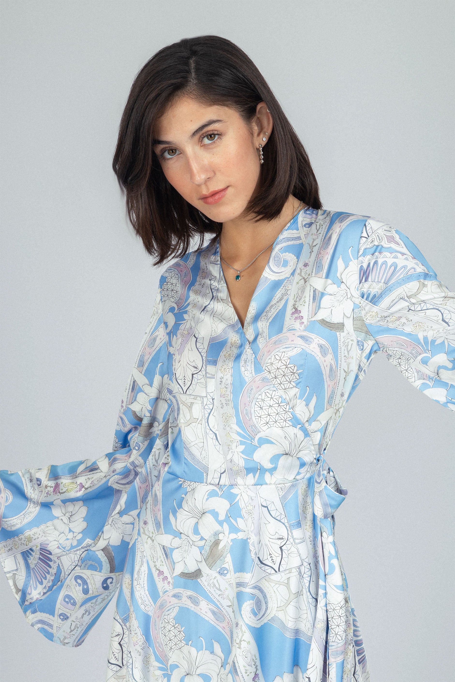 Flowered Blue Satin Casual Long Dress