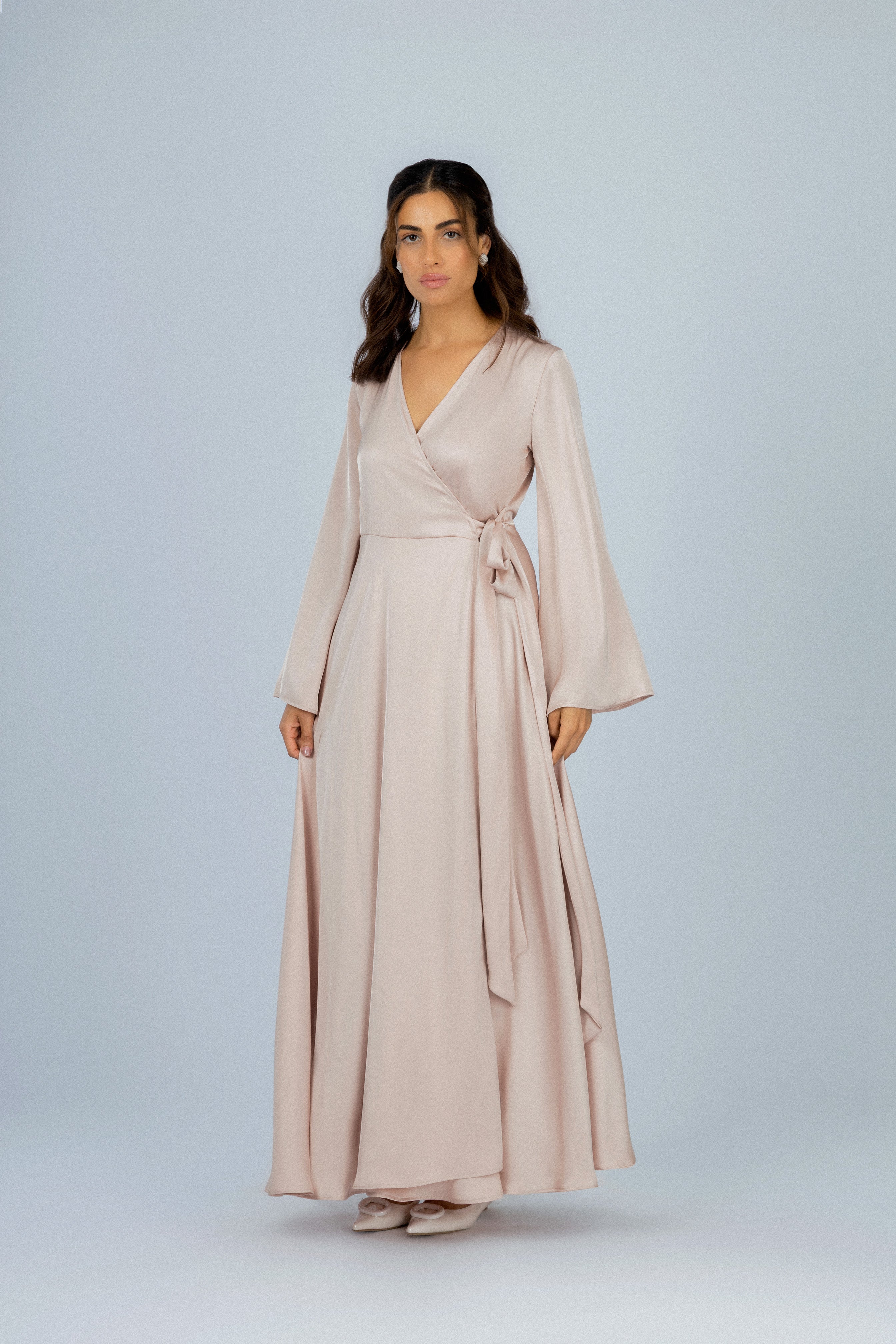 Solid Oyster Pink Satin Classic Long Dress