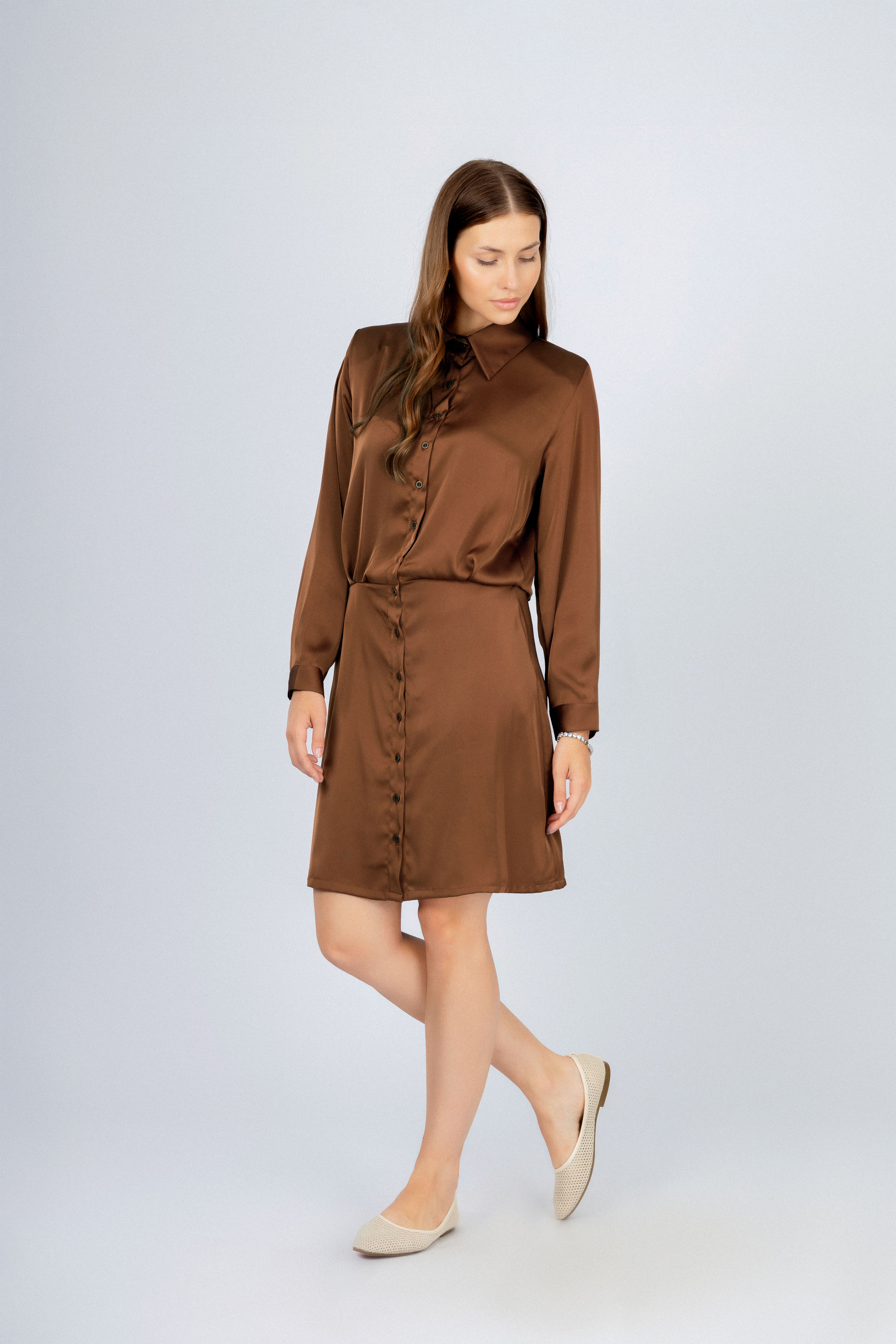 Chocolate Satin Short Classic Shirt Dress