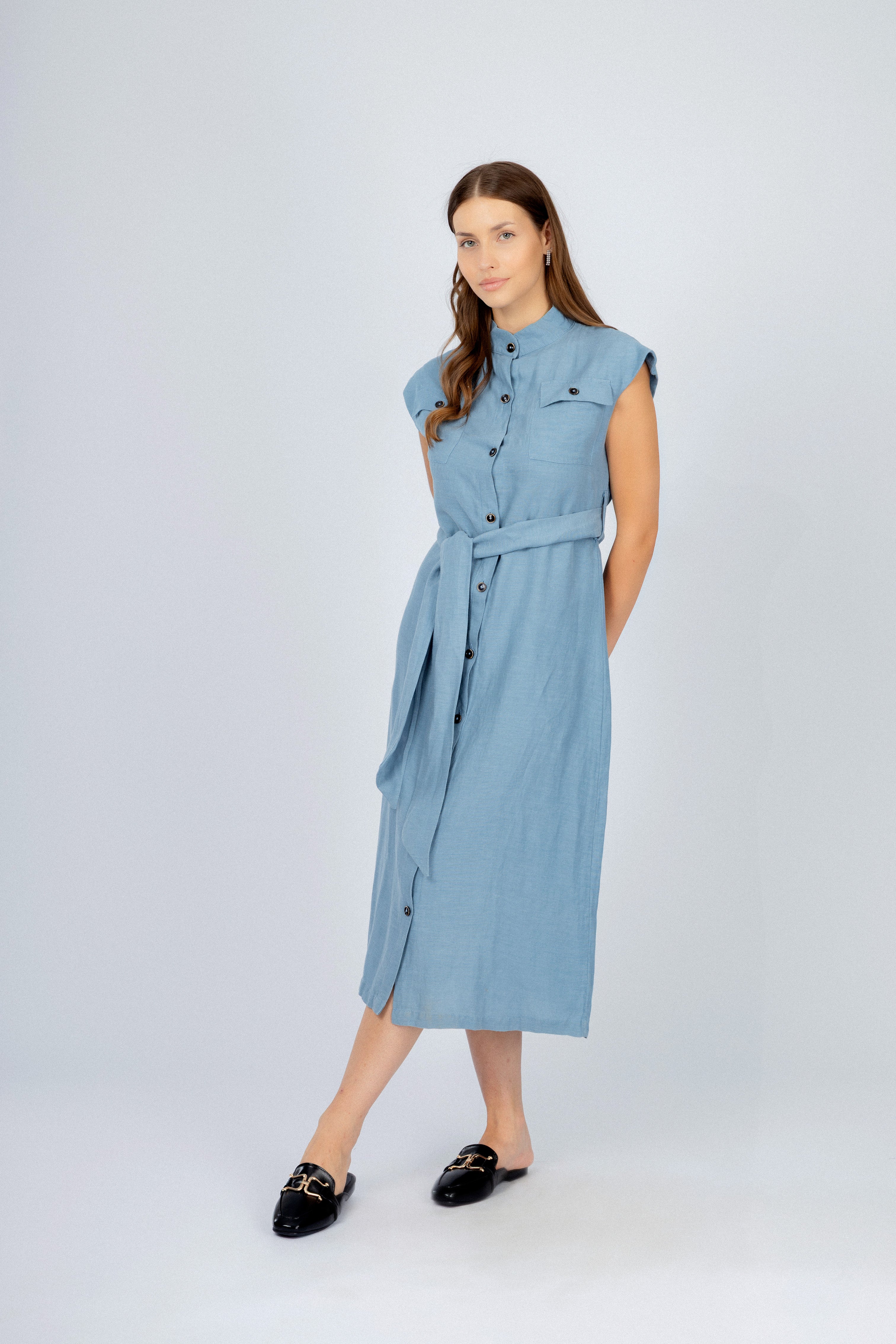 Light Blue Midi Sleeveless Classic Dress