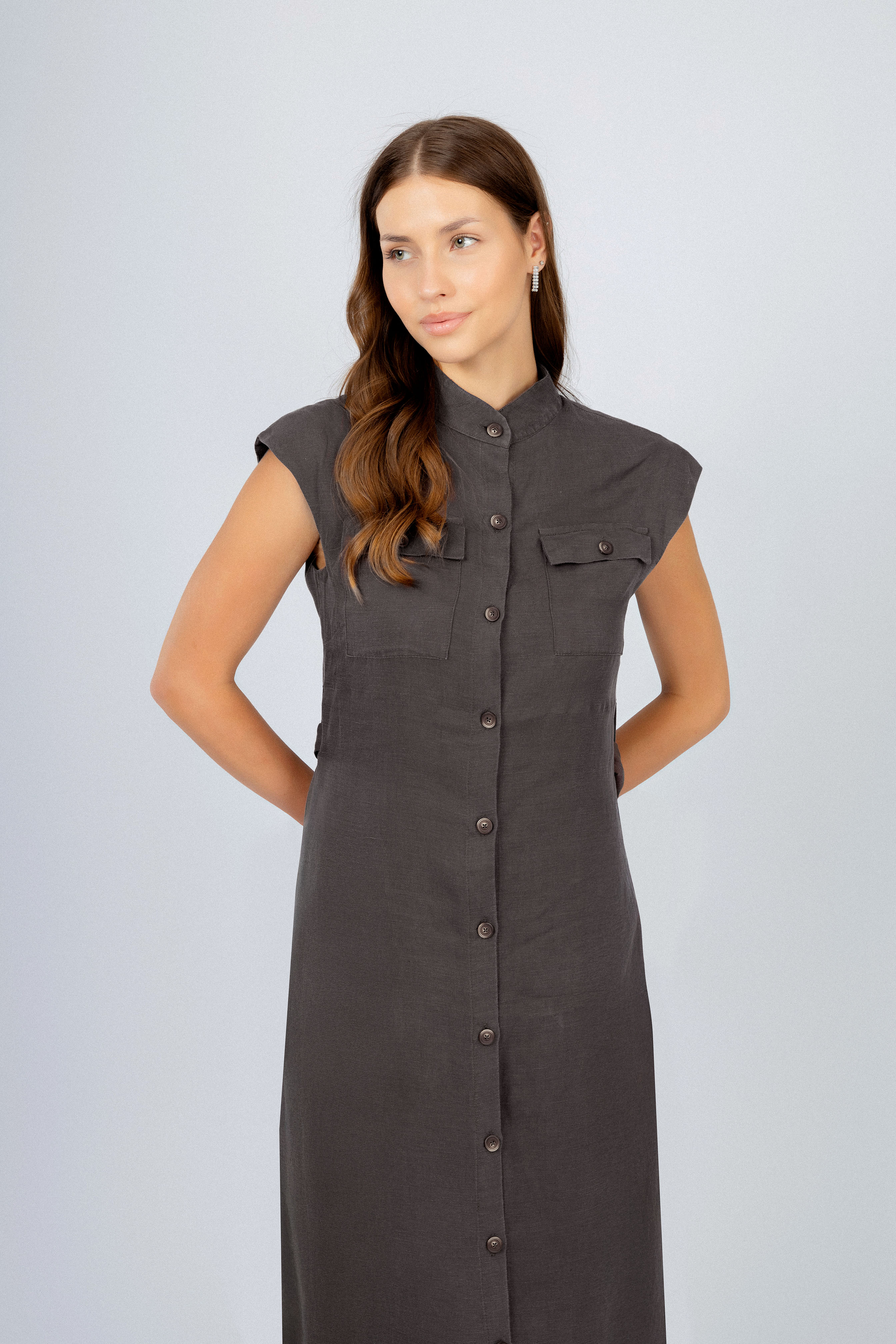 Dark Brown Midi Sleeveless Classic Dress