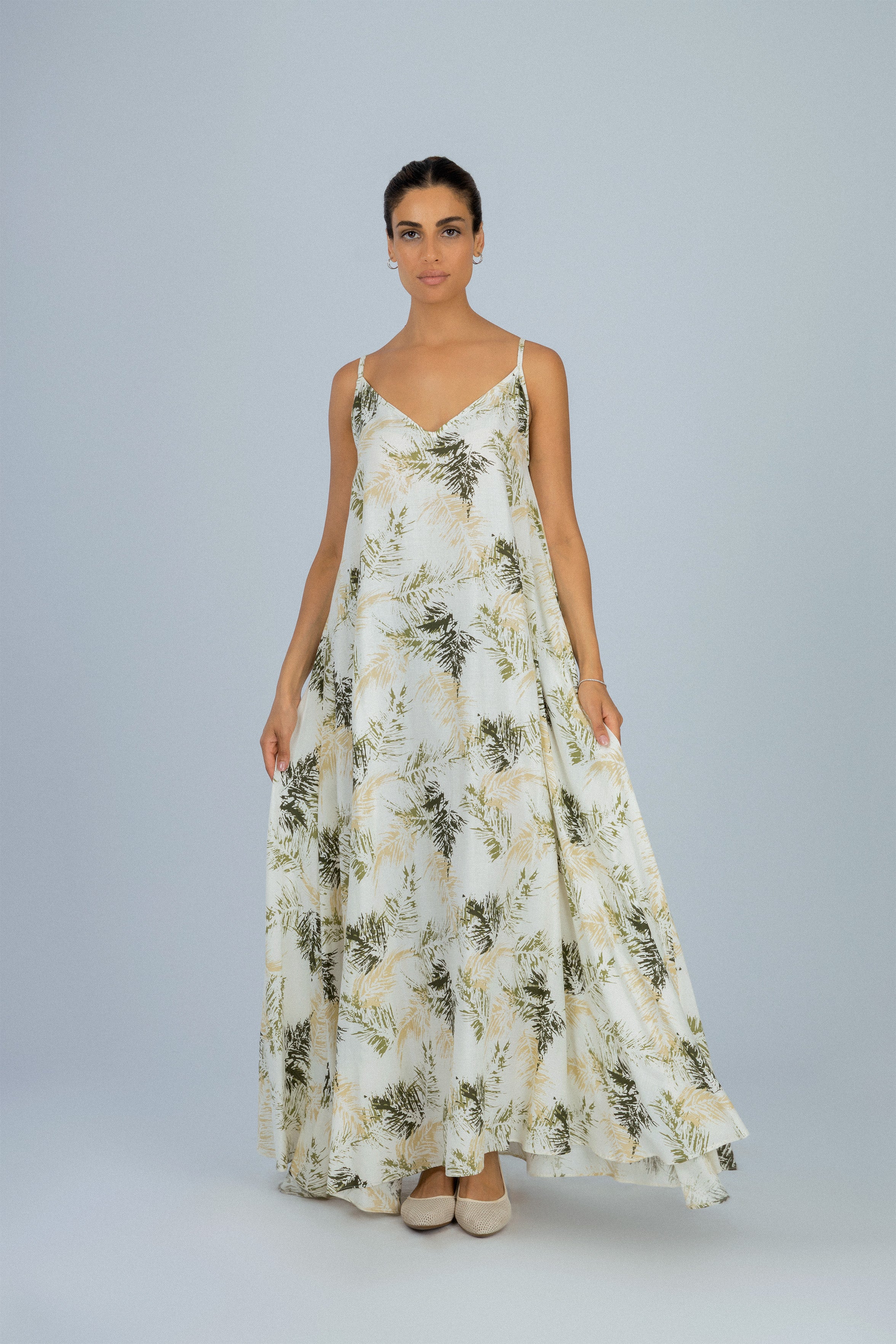 Printed Dark Green Twill Long Casual Dress