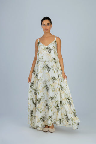 Printed Dark Green Twill Long Casual Dress