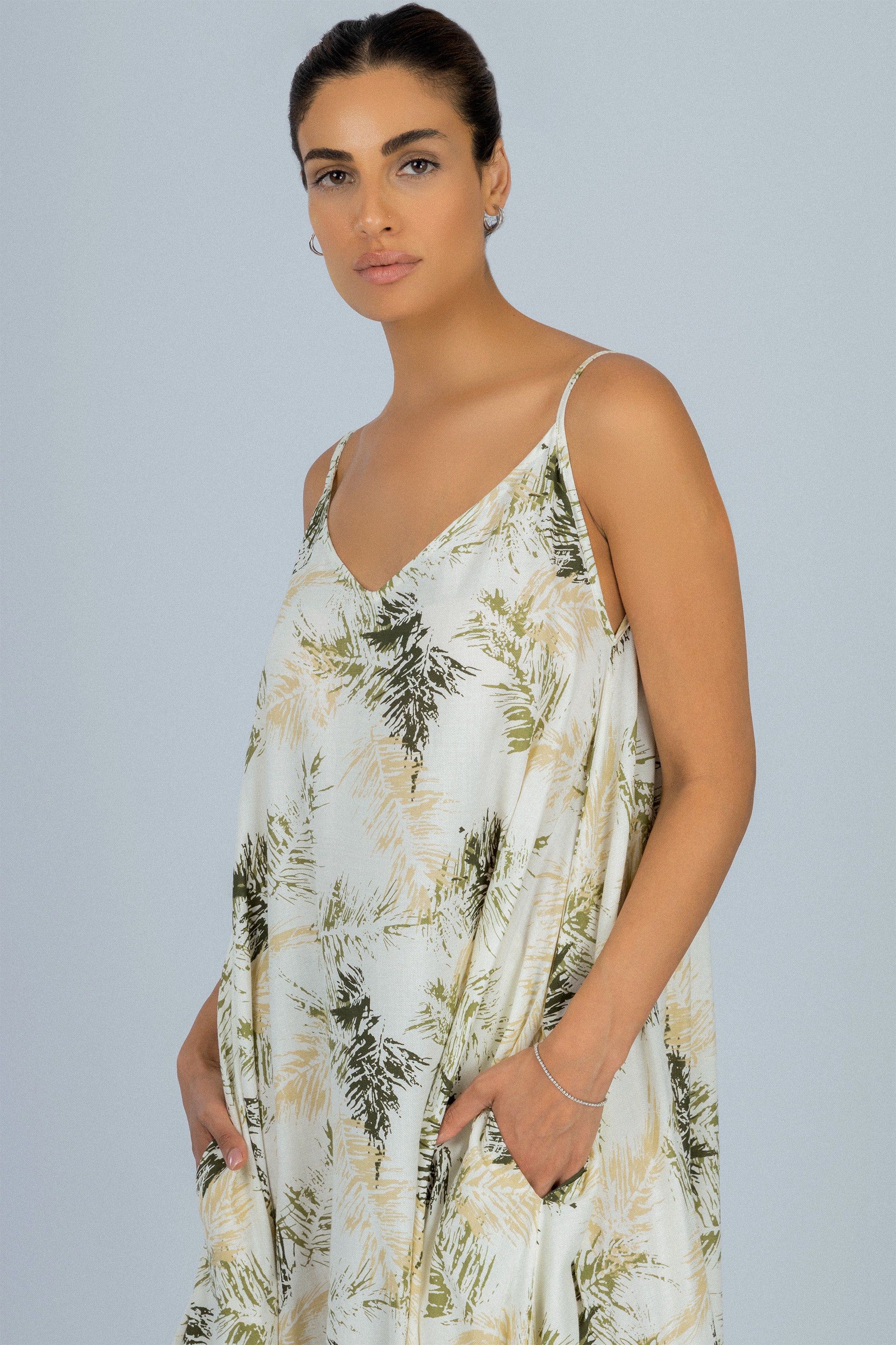 Printed Dark Green Twill Long Casual Dress
