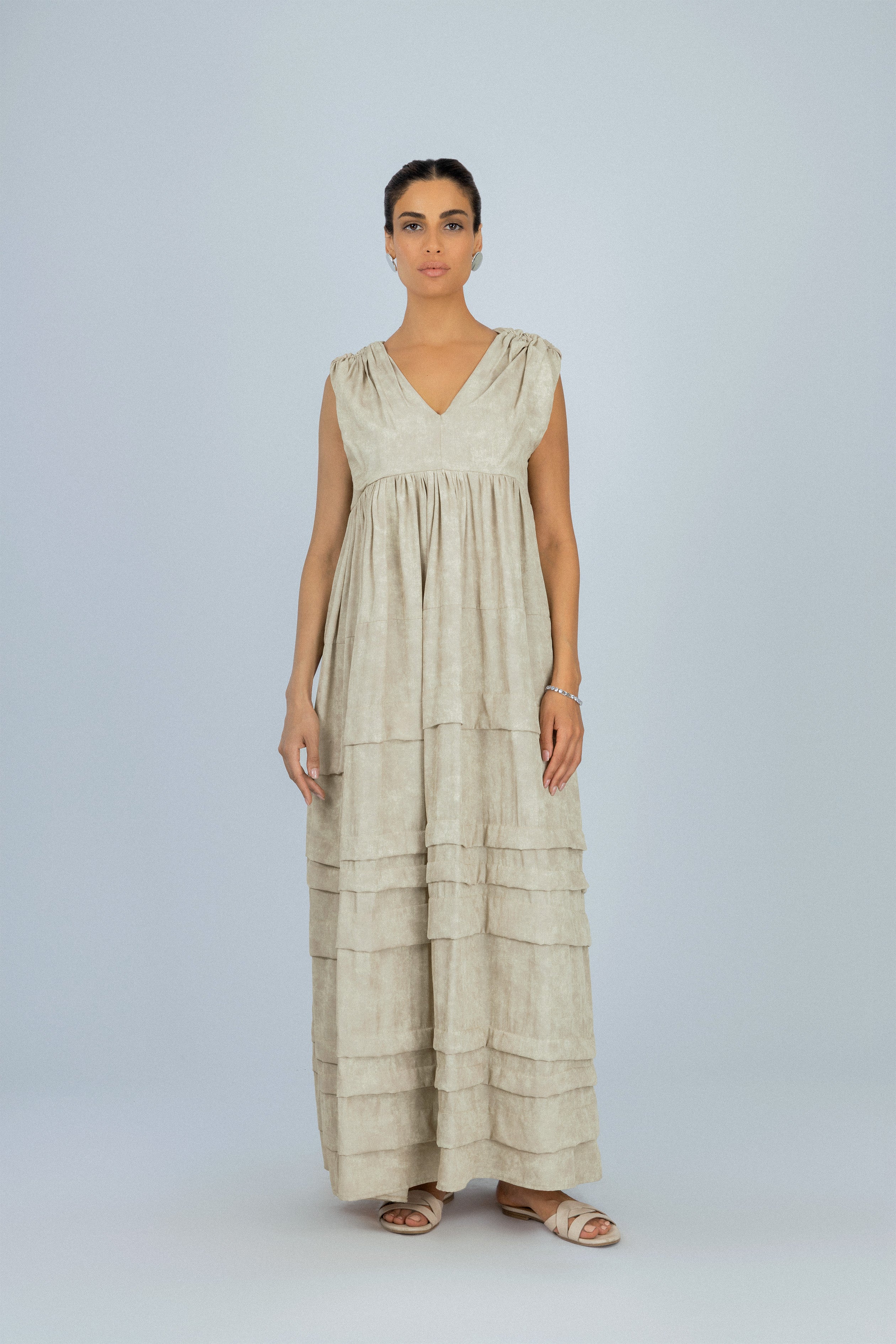 Beige Printed Tiered Maxi Sleeveless Dress