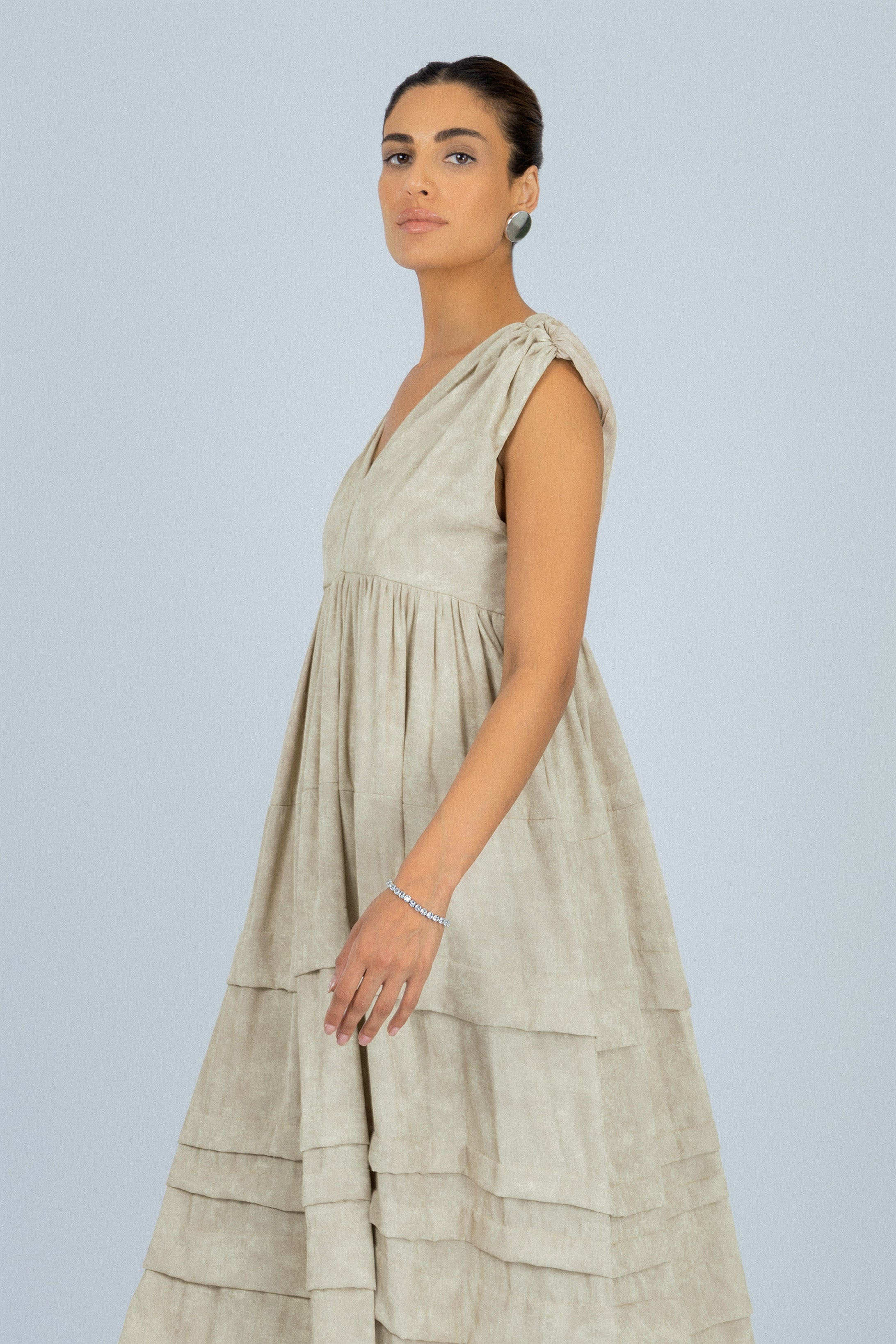 Beige Printed Tiered Maxi Sleeveless Dress