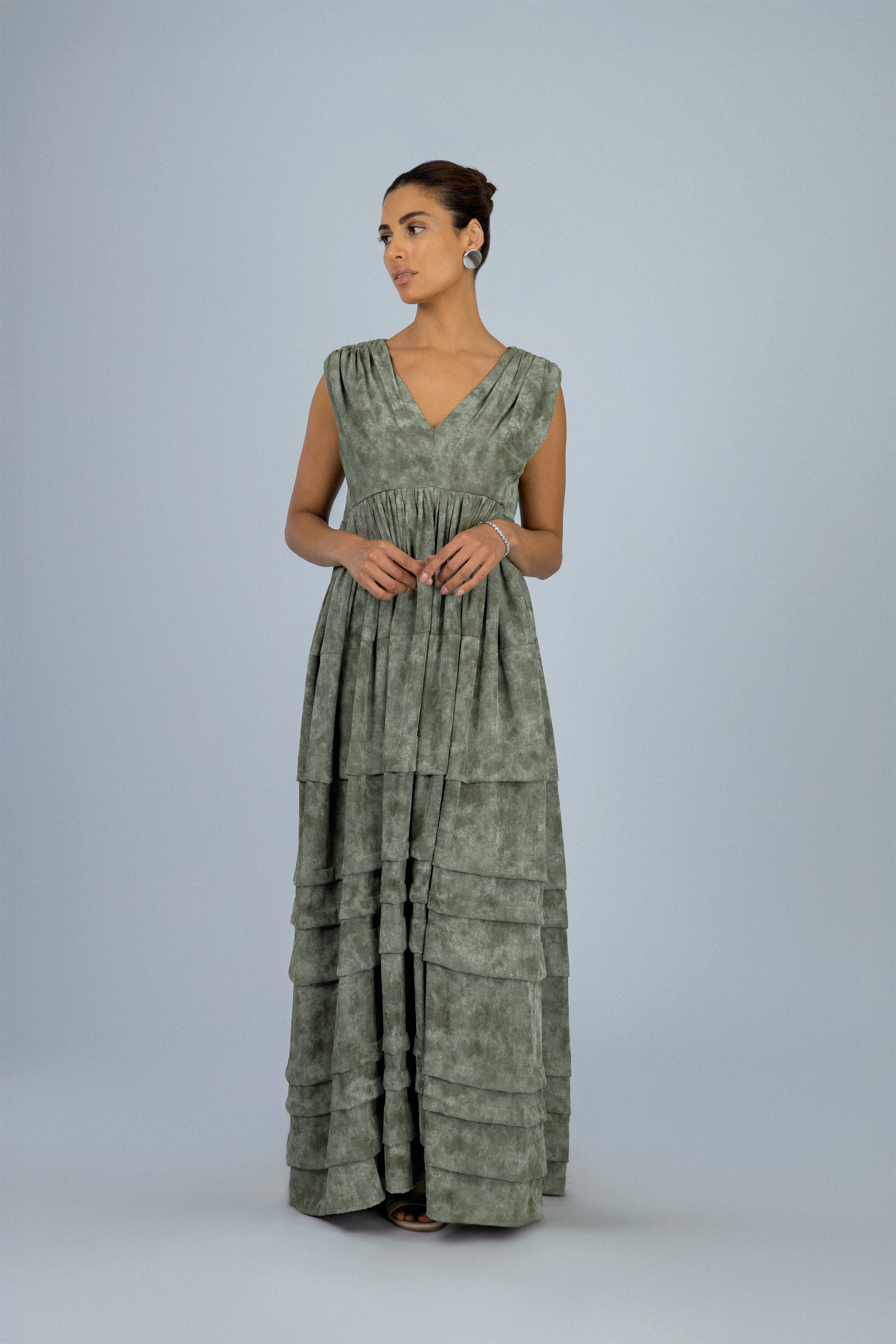 Green Printed Tiered Maxi Sleeveless Dress