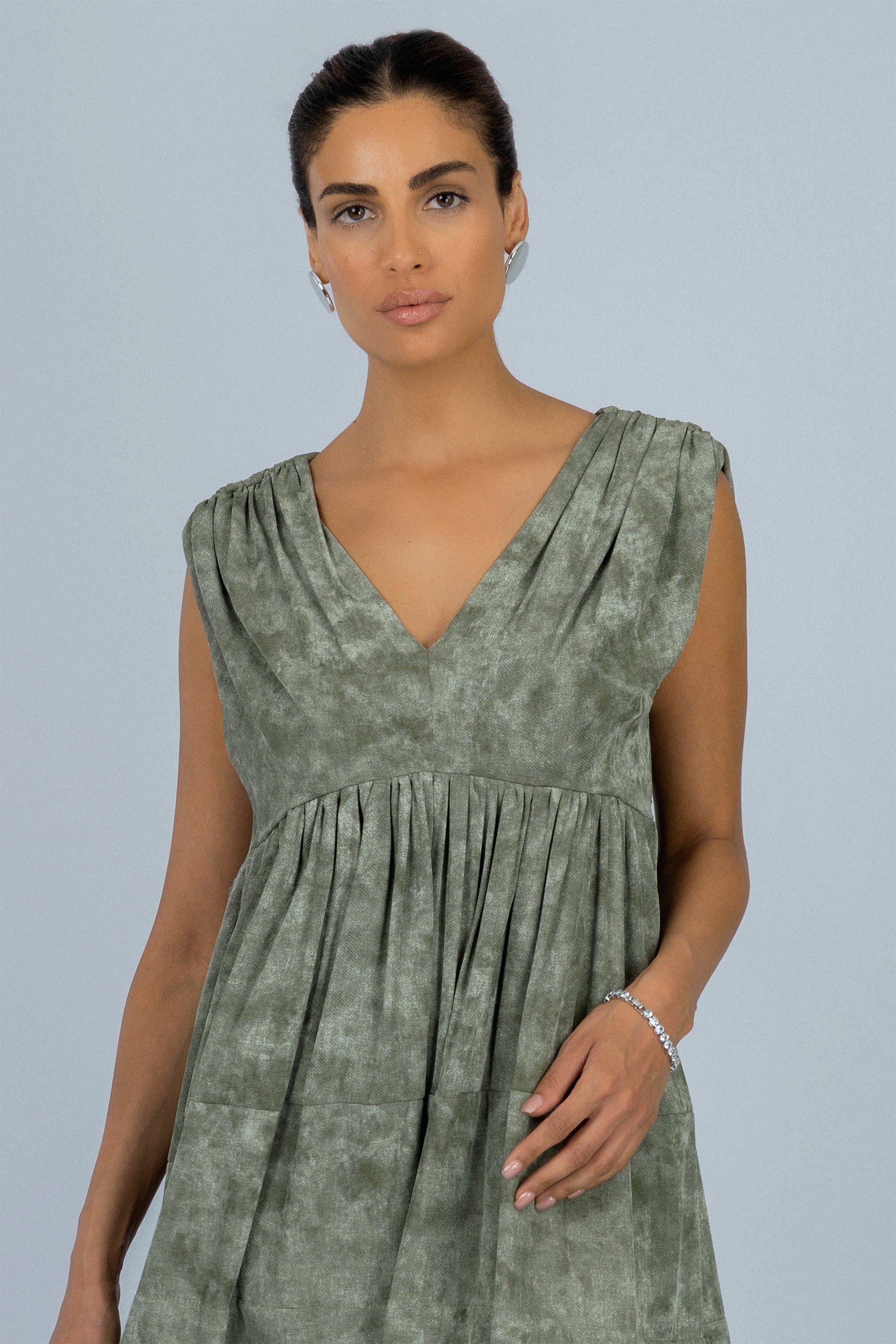 Green Printed Tiered Maxi Sleeveless Dress