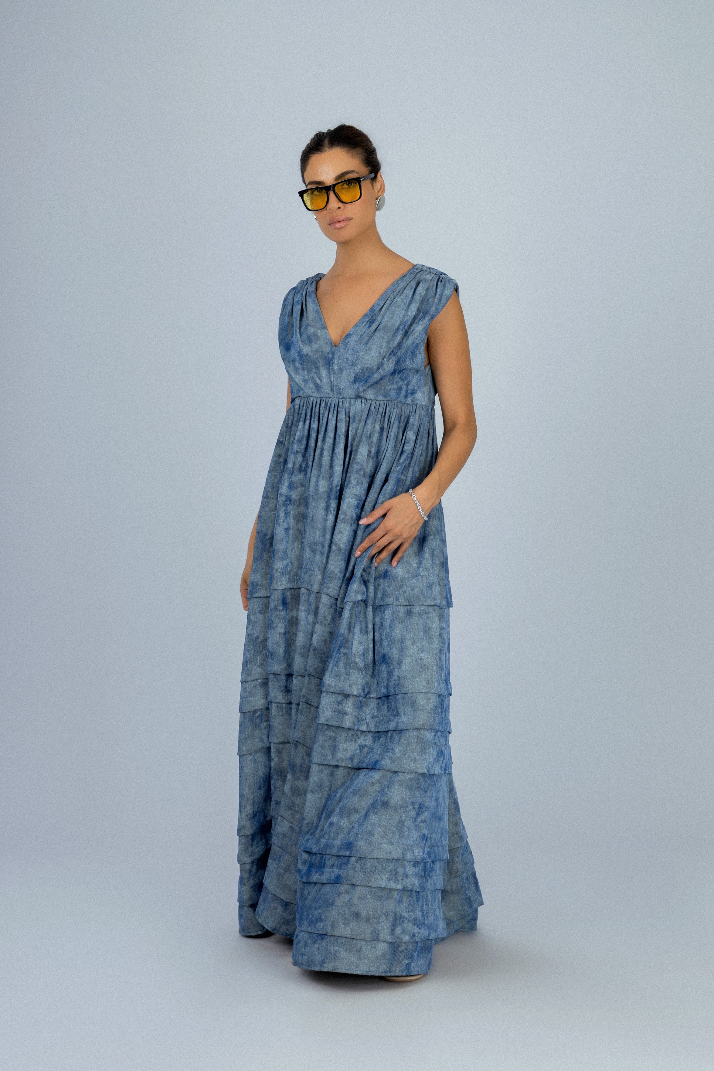 Bluish Gray Printed Tiered Maxi Sleeveless Dress