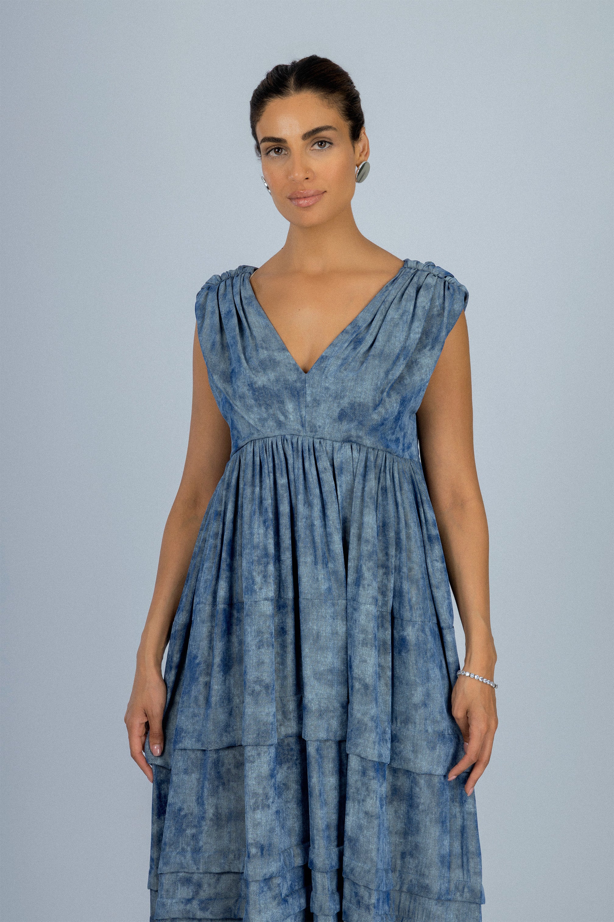 Bluish Gray Printed Tiered Maxi Sleeveless Dress