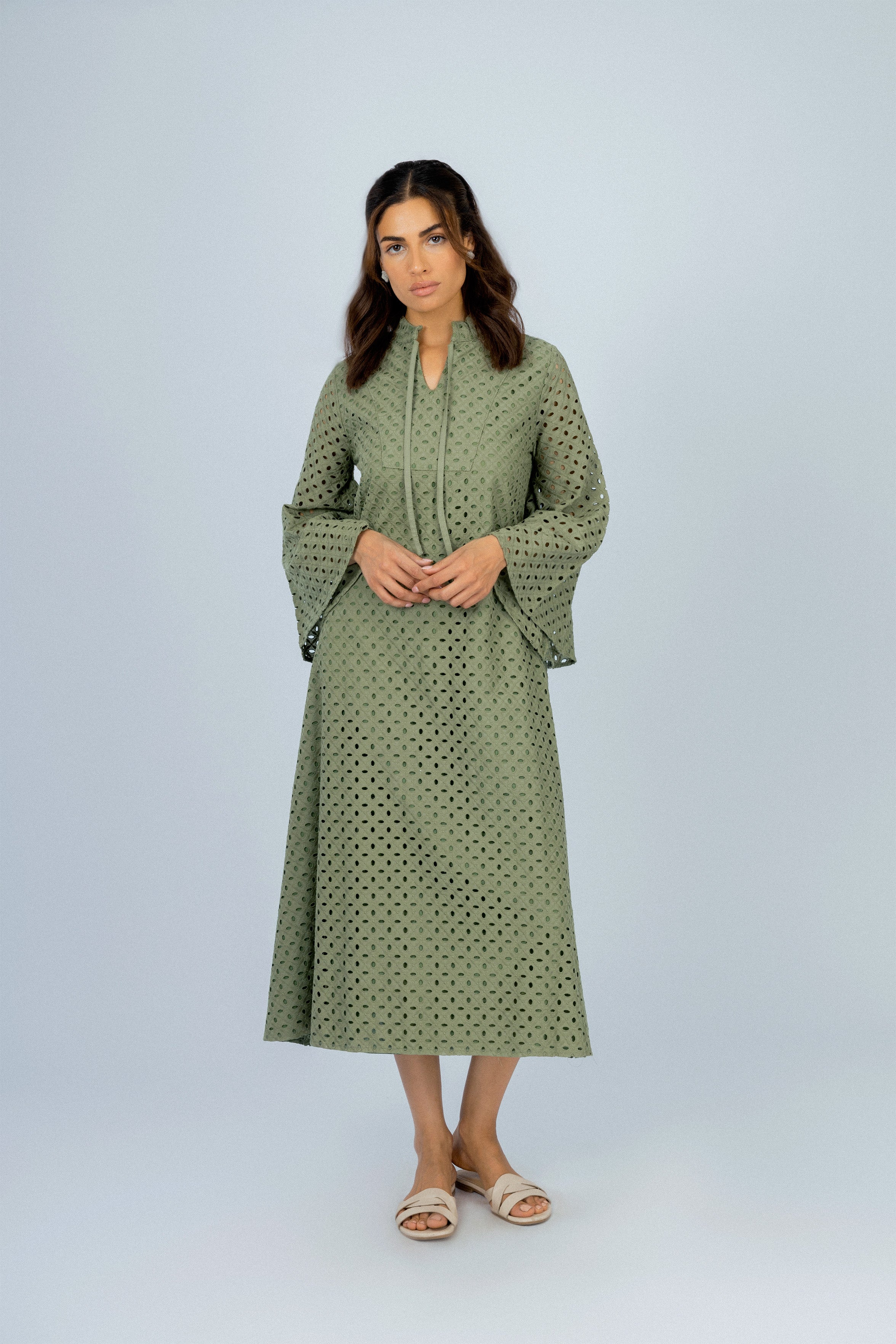 Jacquard Olive Green Midi Casual Dress