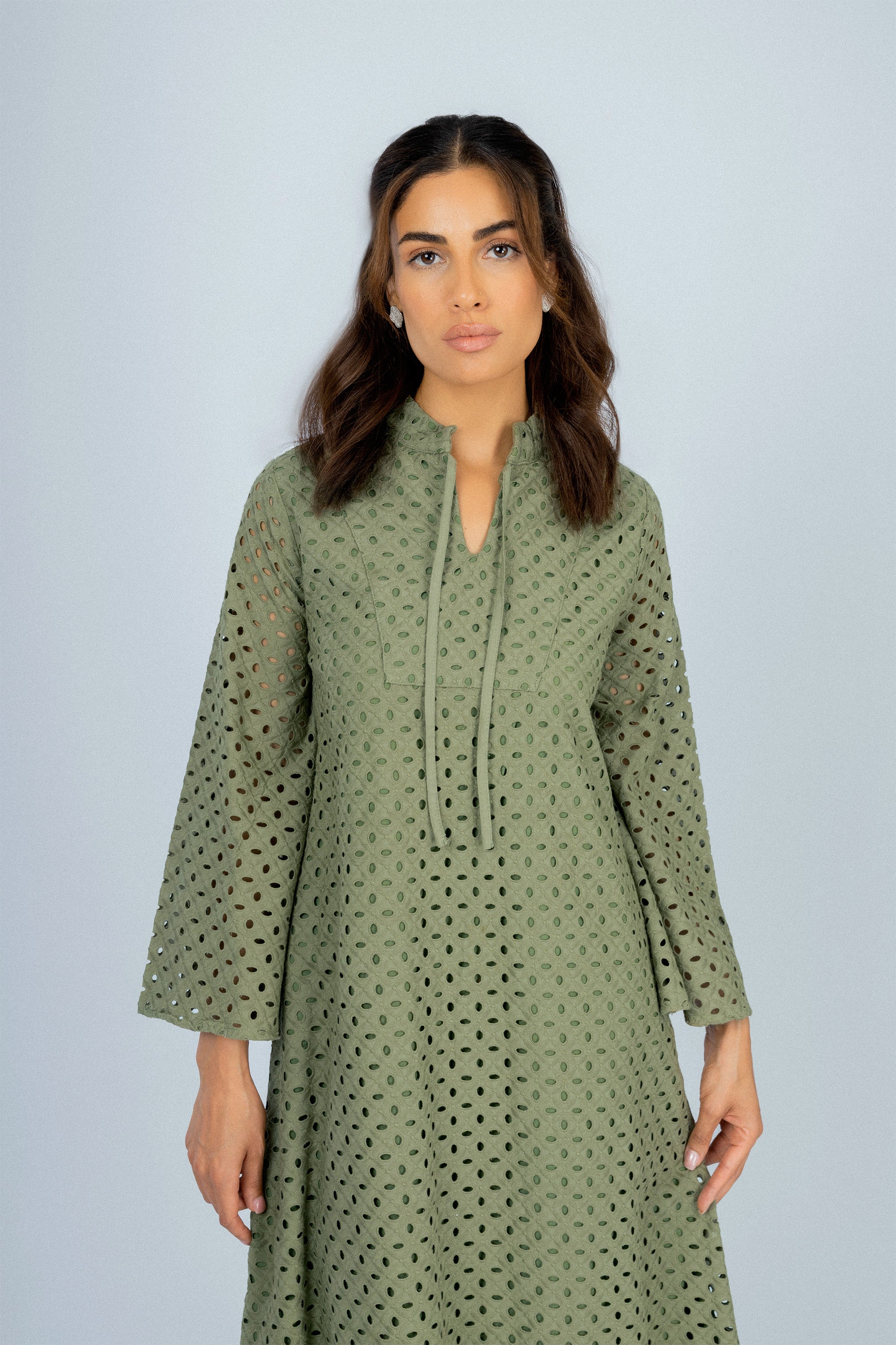 Jacquard Olive Green Midi Casual Dress