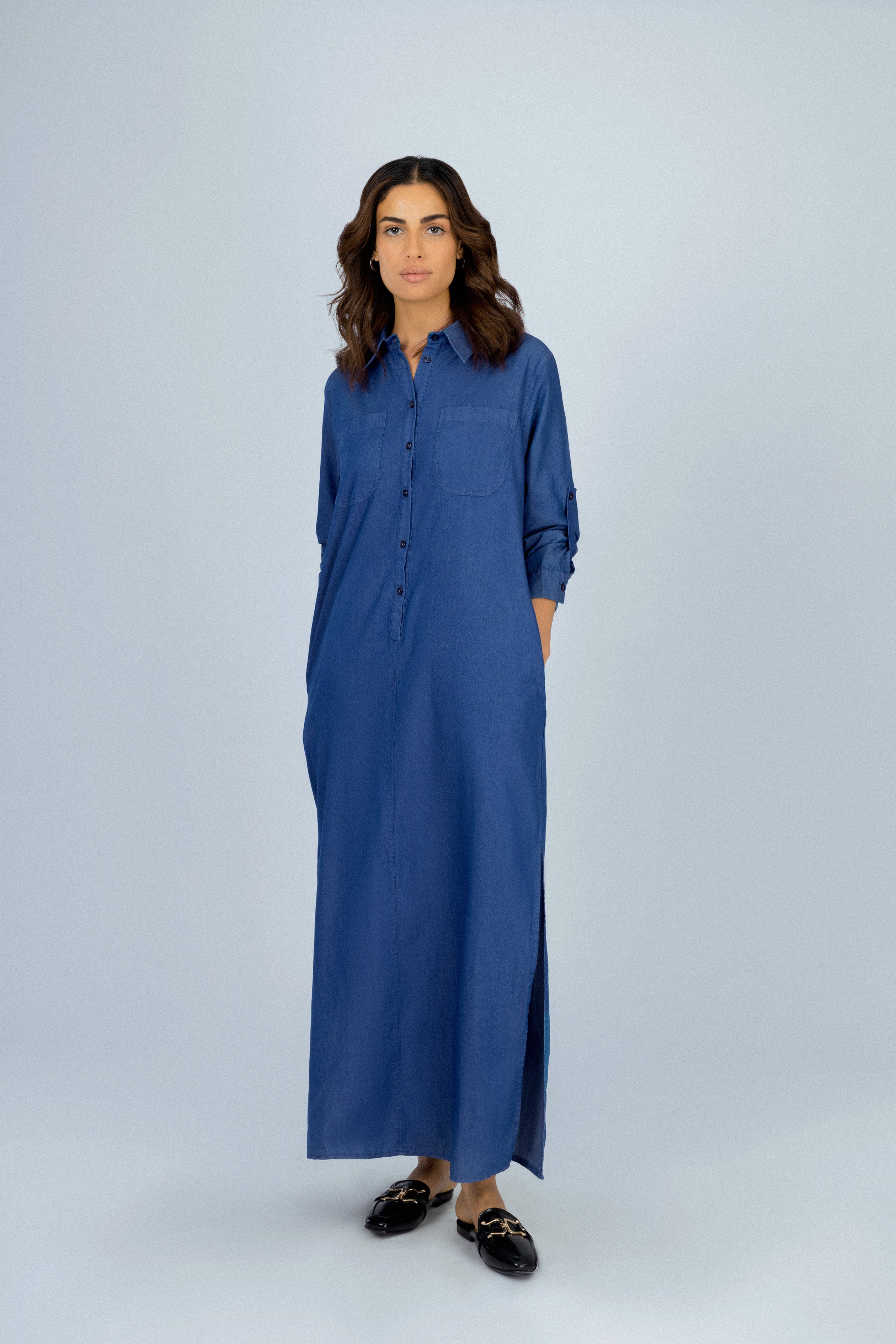 Navy Button-Up Casual Shirt Dress