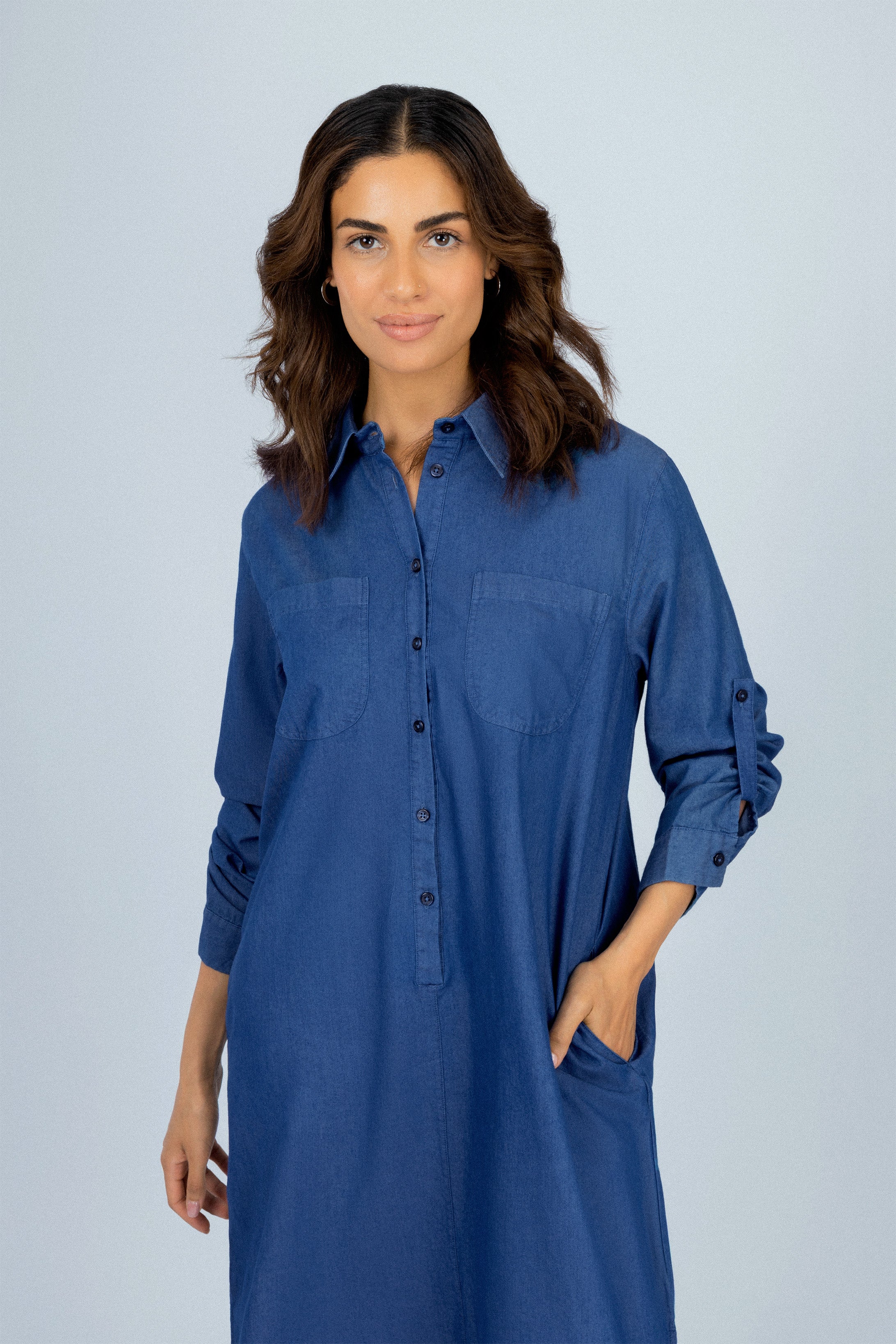 Navy Button-Up Casual Shirt Dress