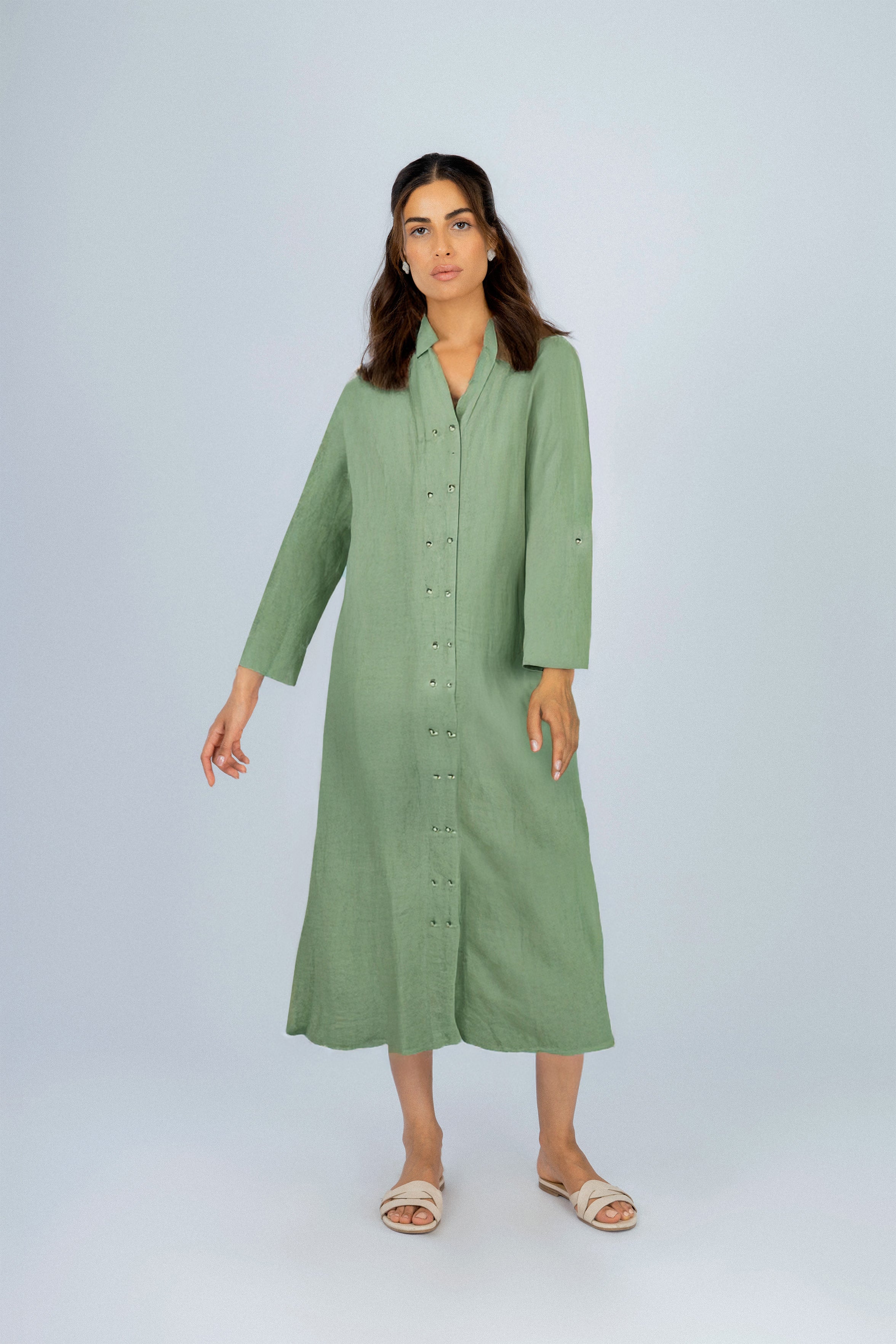 Linen Light Green Midi Shirt Casual Dress