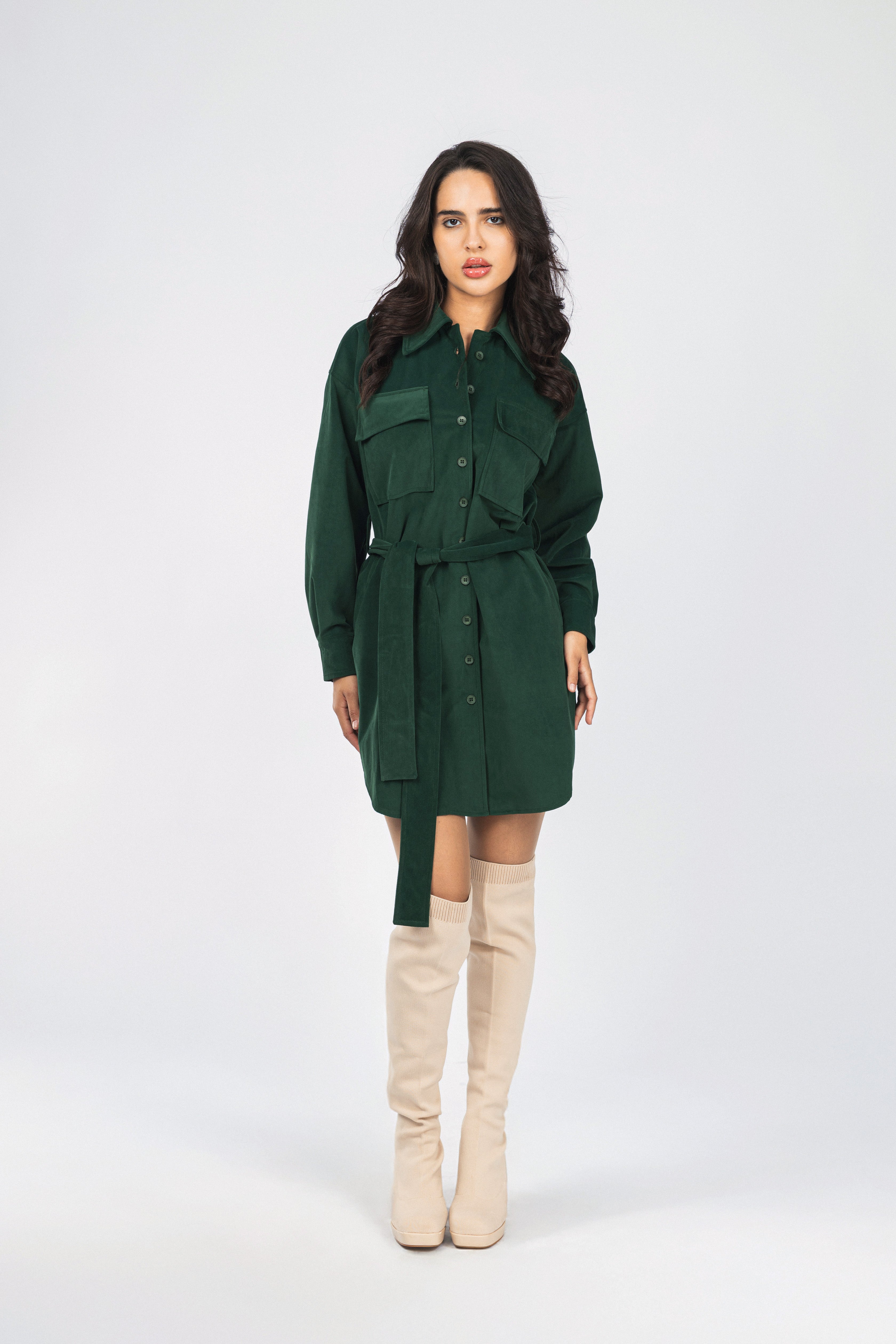 Green Button-Up Casual Shirt Dress