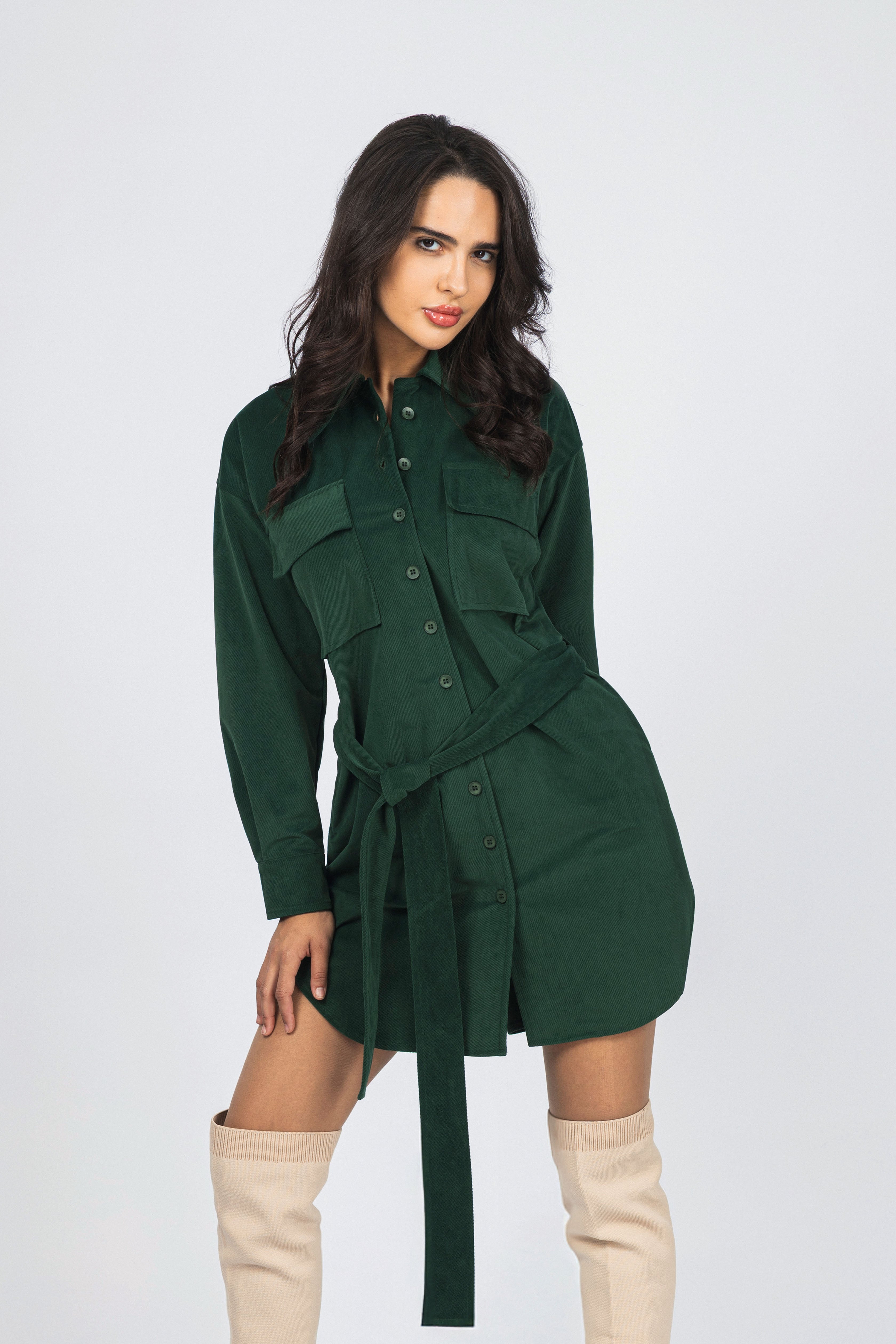 Green Button-Up Casual Shirt Dress